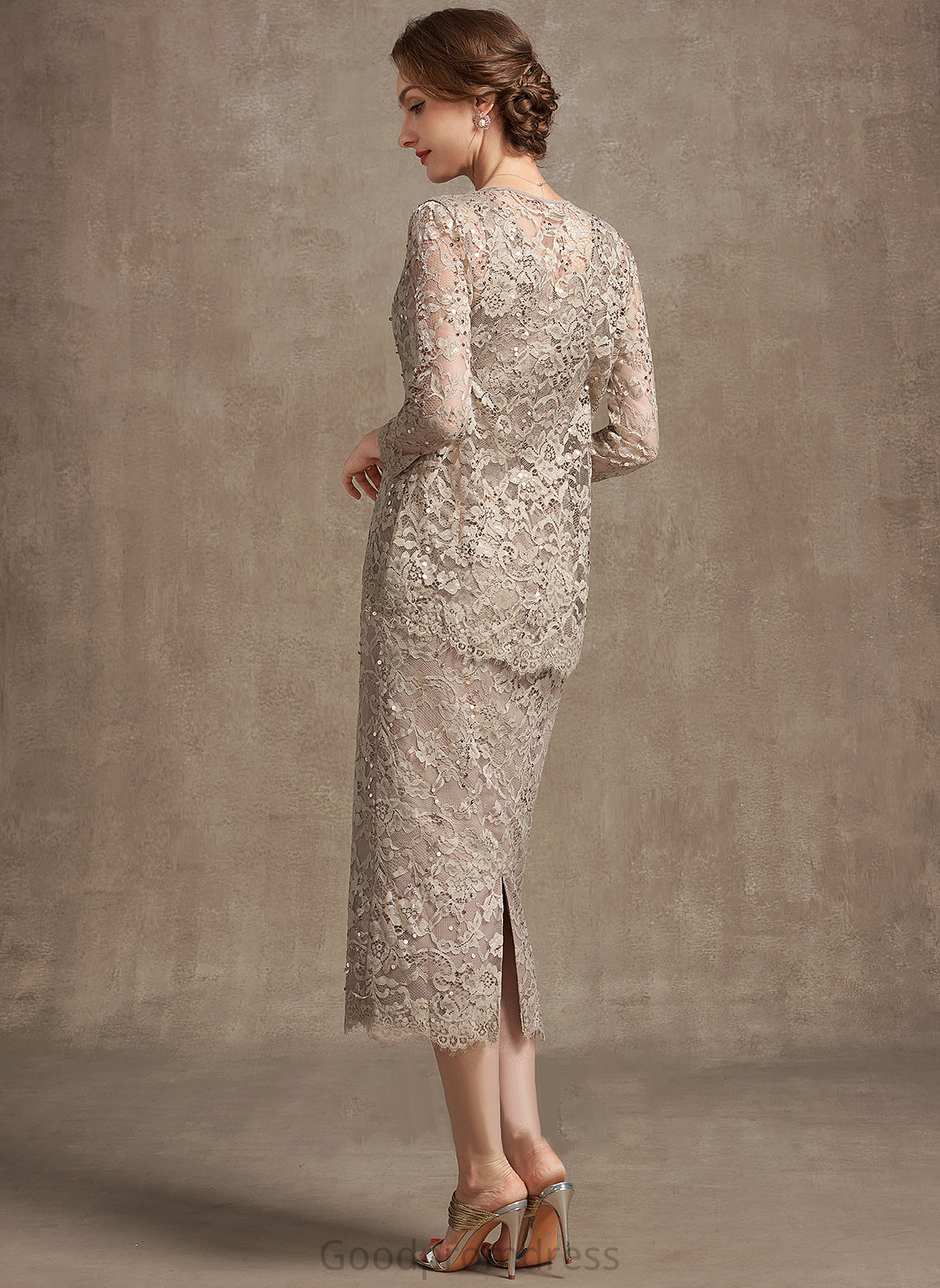 Tea-Length Mother the Dress of With Bride Lace Mother of the Bride Dresses Sequins Sloane Scoop Sheath/Column Neck