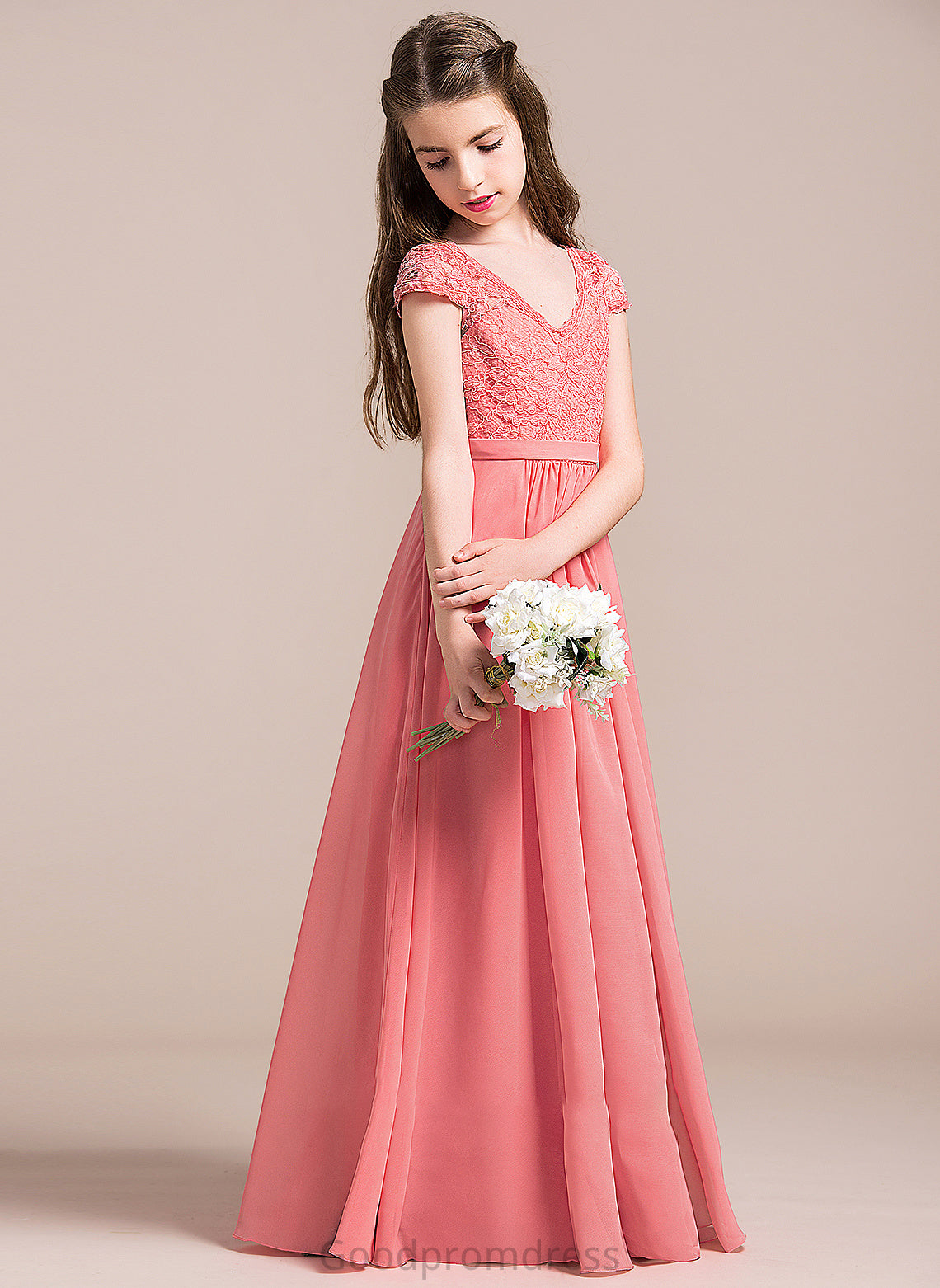 Lace Floor-Length V-neck Junior Bridesmaid Dresses Luz A-Line Chiffon