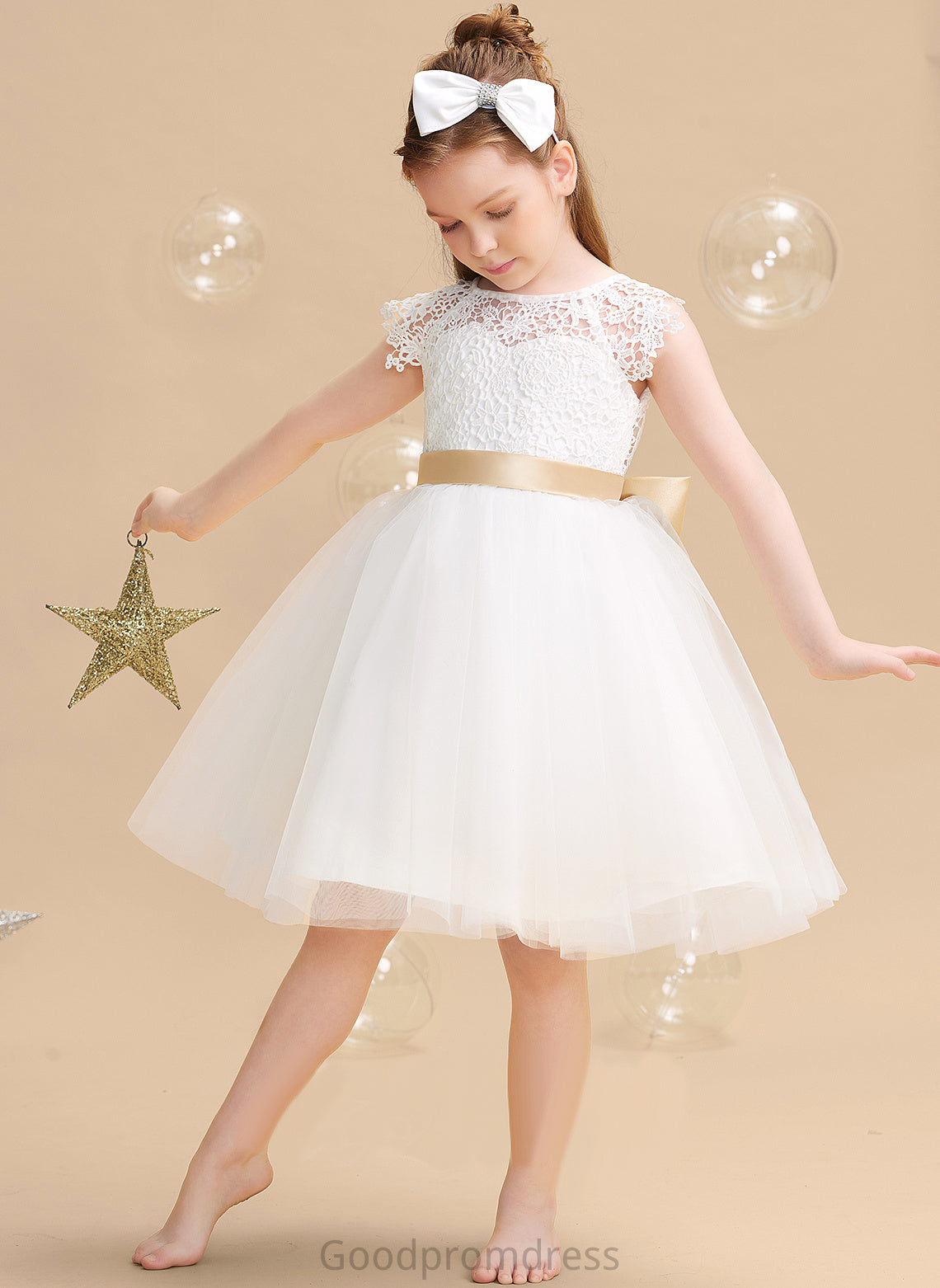 sash) Tulle/Lace Dress Scoop - Knee-length With Sleeves Wendy Flower Girl Dresses A-Line Short Flower Sash/Bow(s) Neck Girl (Undetachable