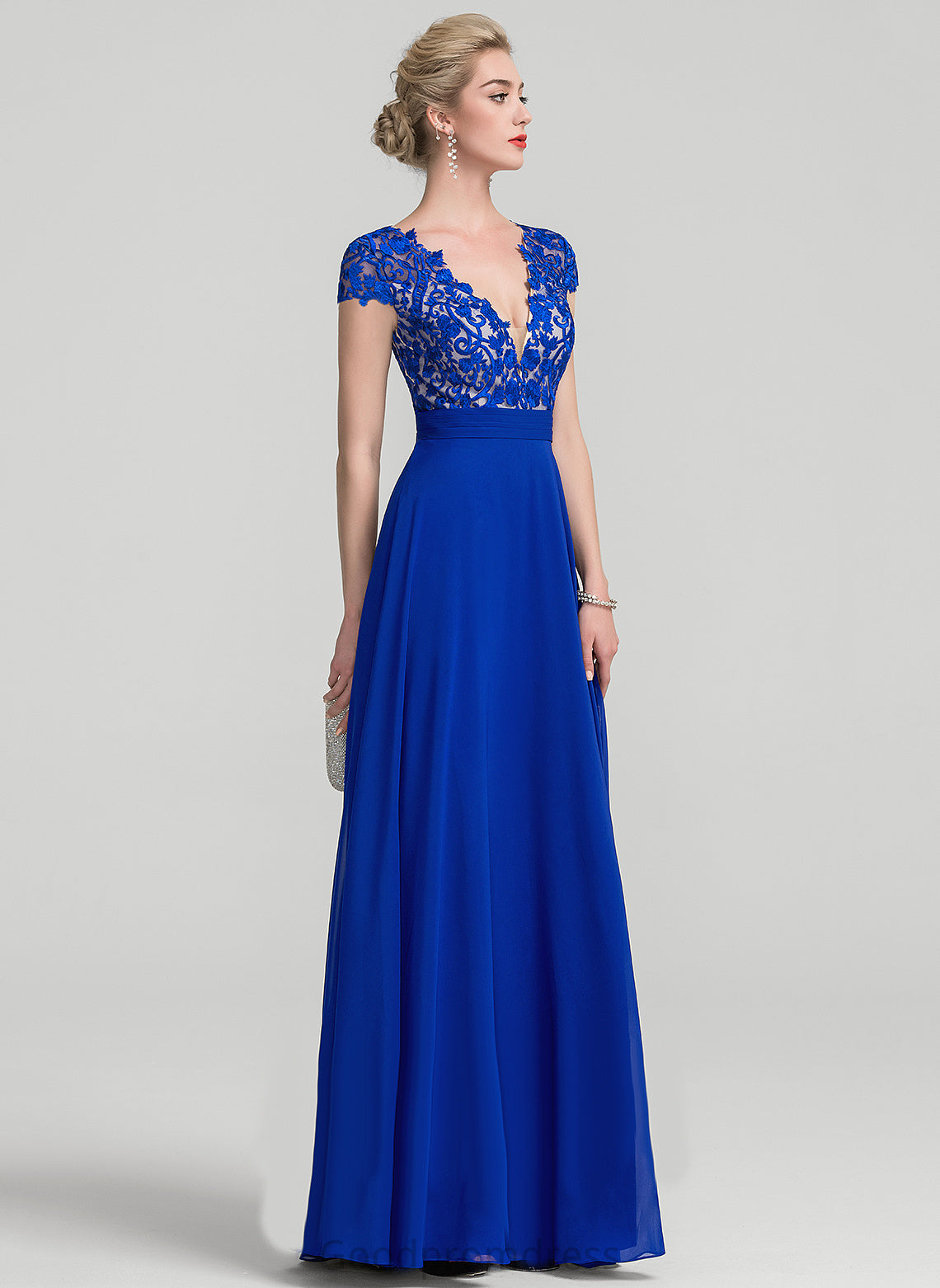 With Chiffon Prom Dresses Lace A-Line Ruffle Floor-Length Hilda V-neck