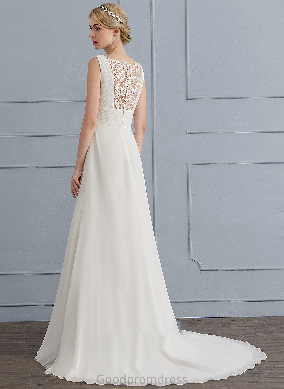 With Dress Wedding A-Line Chiffon Wedding Dresses Sweep Madison Train Ruffle V-neck