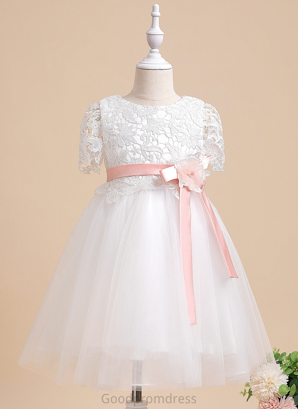 Sash/Flower(s) Melissa A-Line Tulle/Lace Knee-length - Short Neck Scoop Girl Flower Girl Dresses With Flower Dress Sleeves