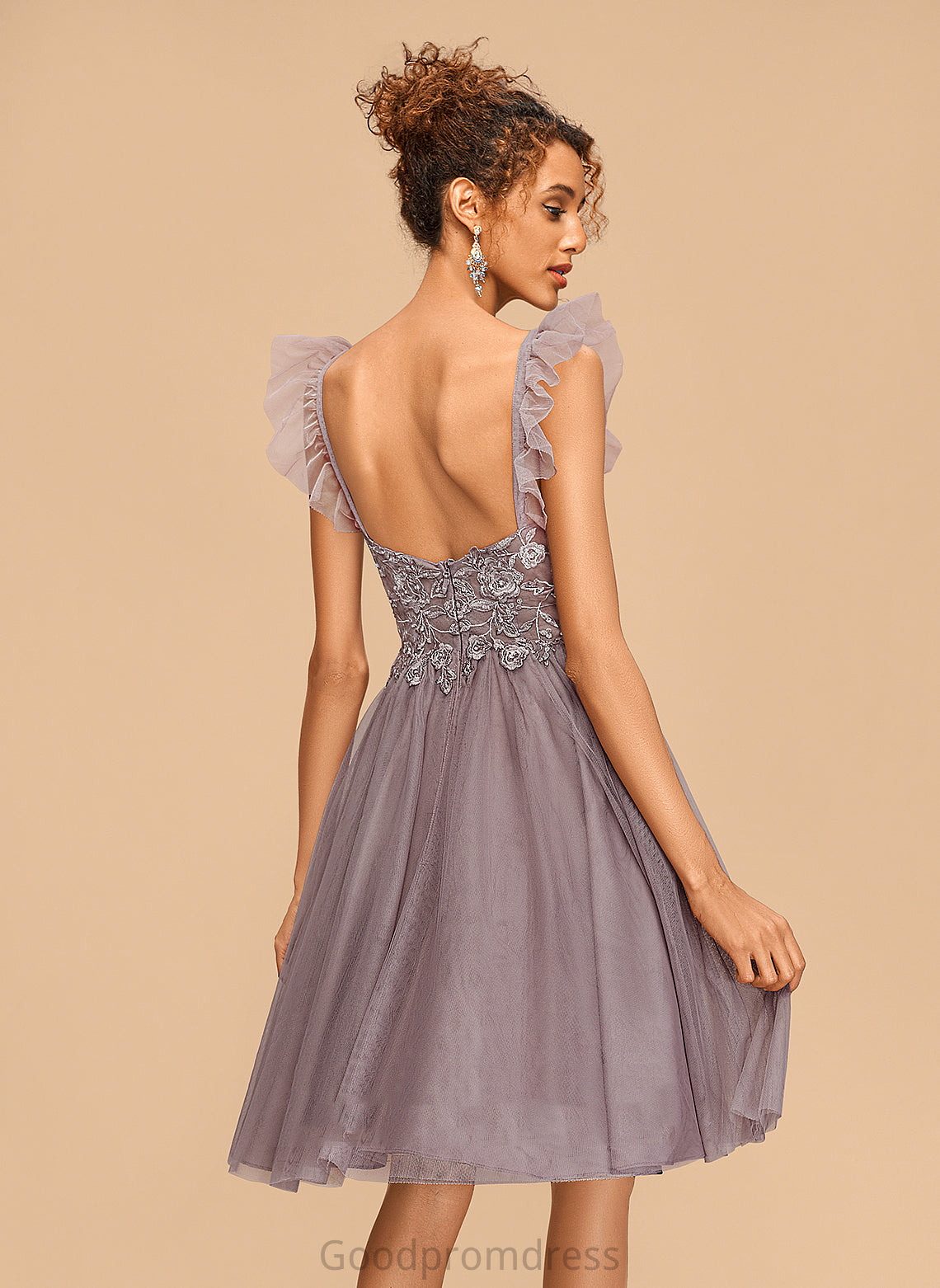 Homecoming Tulle Dress Cascading Homecoming Dresses V-neck Carleigh Lace A-Line With Knee-Length Ruffles