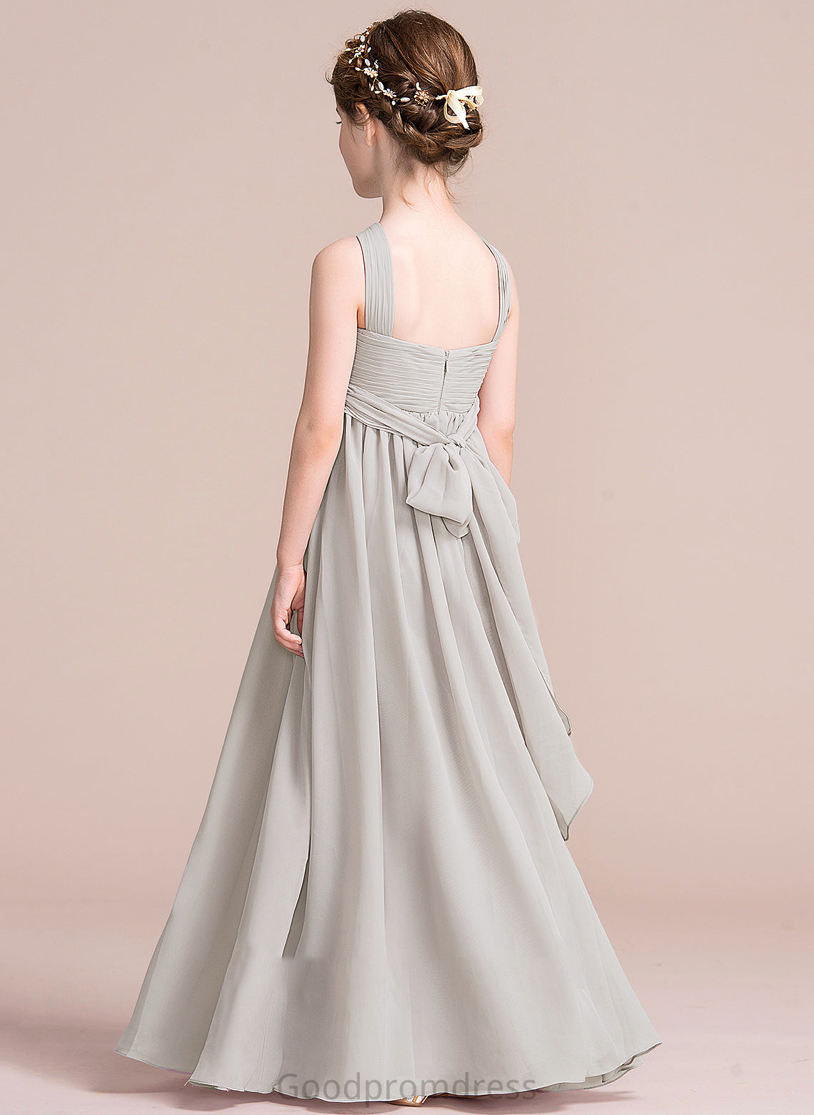 A-Line Bow(s) Floor-Length V-neck Lorelei With Junior Bridesmaid Dresses Chiffon Ruffle