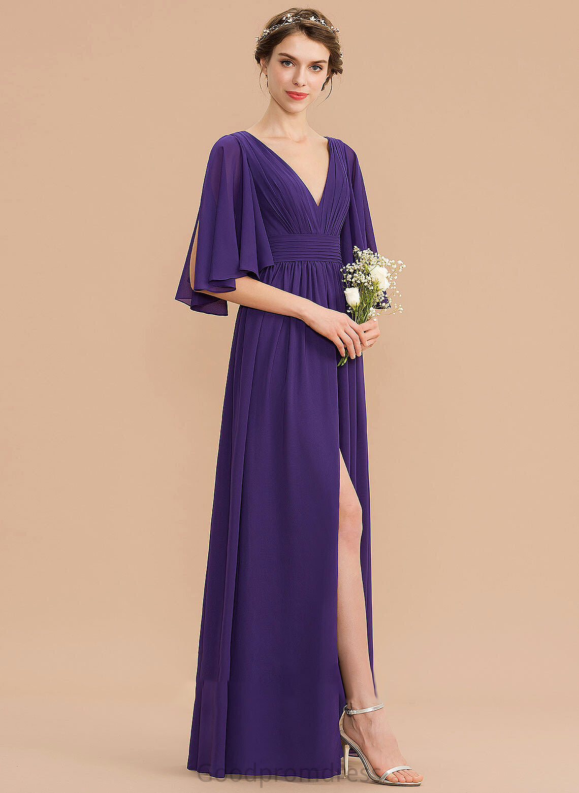 Neckline Fabric V-neck Embellishment Bow(s) Length Silhouette Floor-Length SplitFront A-Line Ruffle Rebekah Bridesmaid Dresses