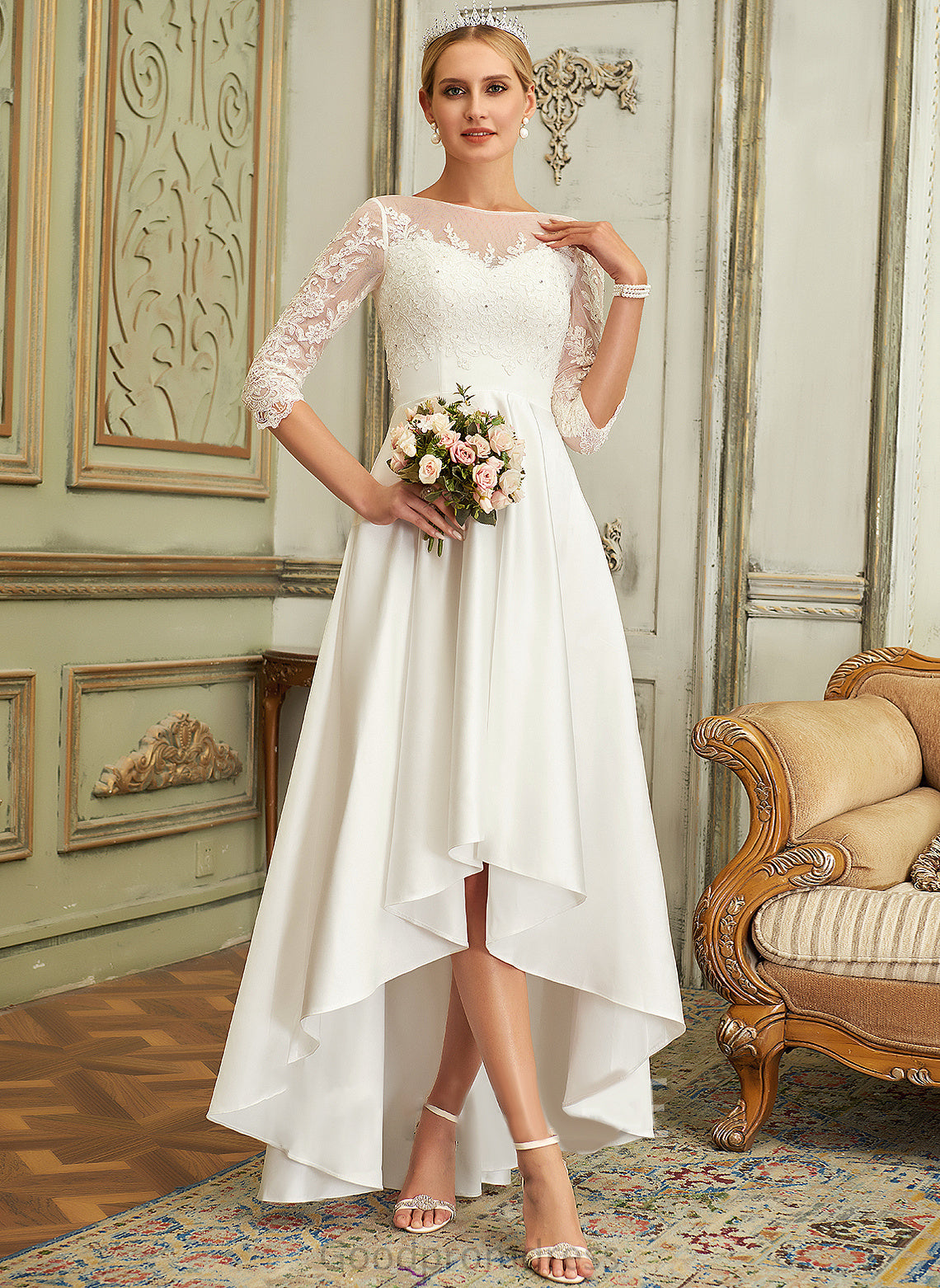 Sydnee Lace Asymmetrical Dress A-Line Satin Scoop Neck Wedding Dresses Wedding