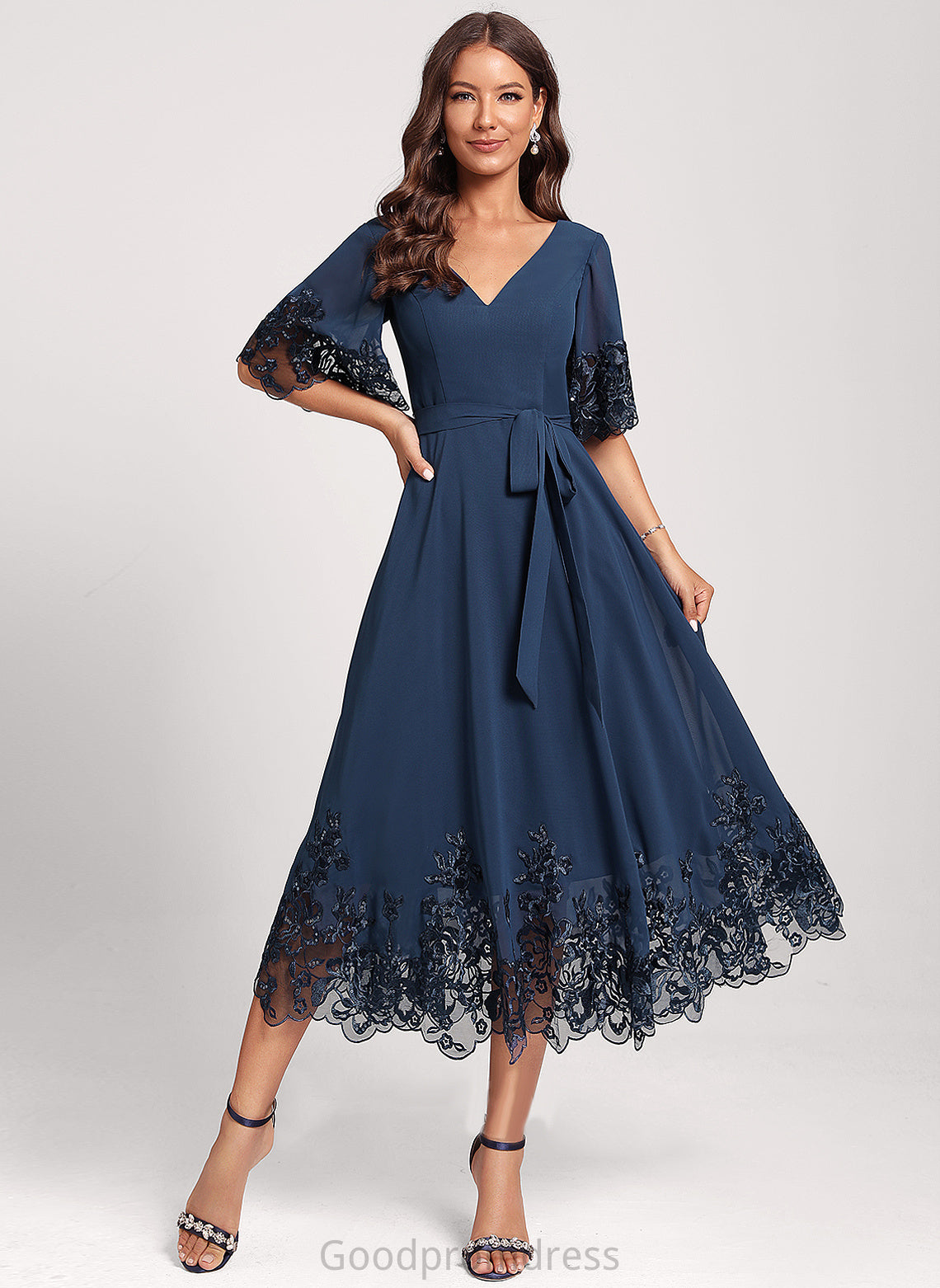 Dress A-Line Chiffon With Cocktail Sequins Tea-Length Lace Club Dresses V-neck Greta