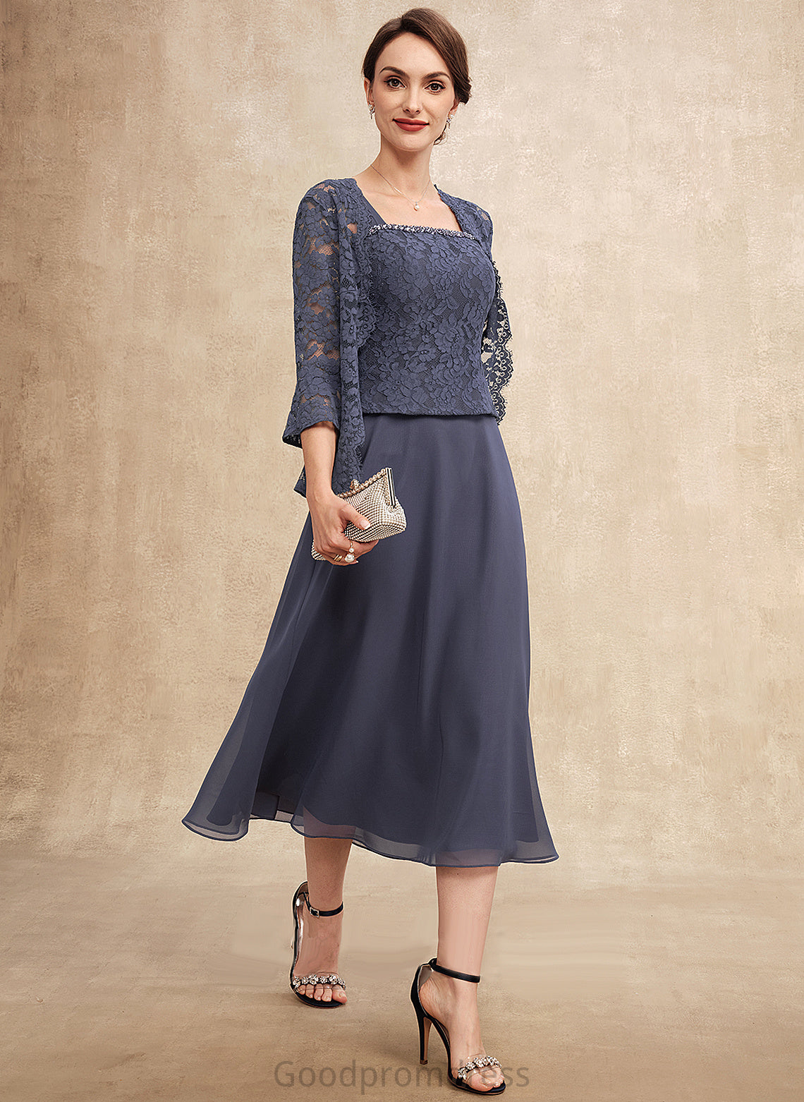 Cecelia Dress With Tea-Length Chiffon Neckline the A-Line Bride of Mother Square Mother of the Bride Dresses Lace Beading