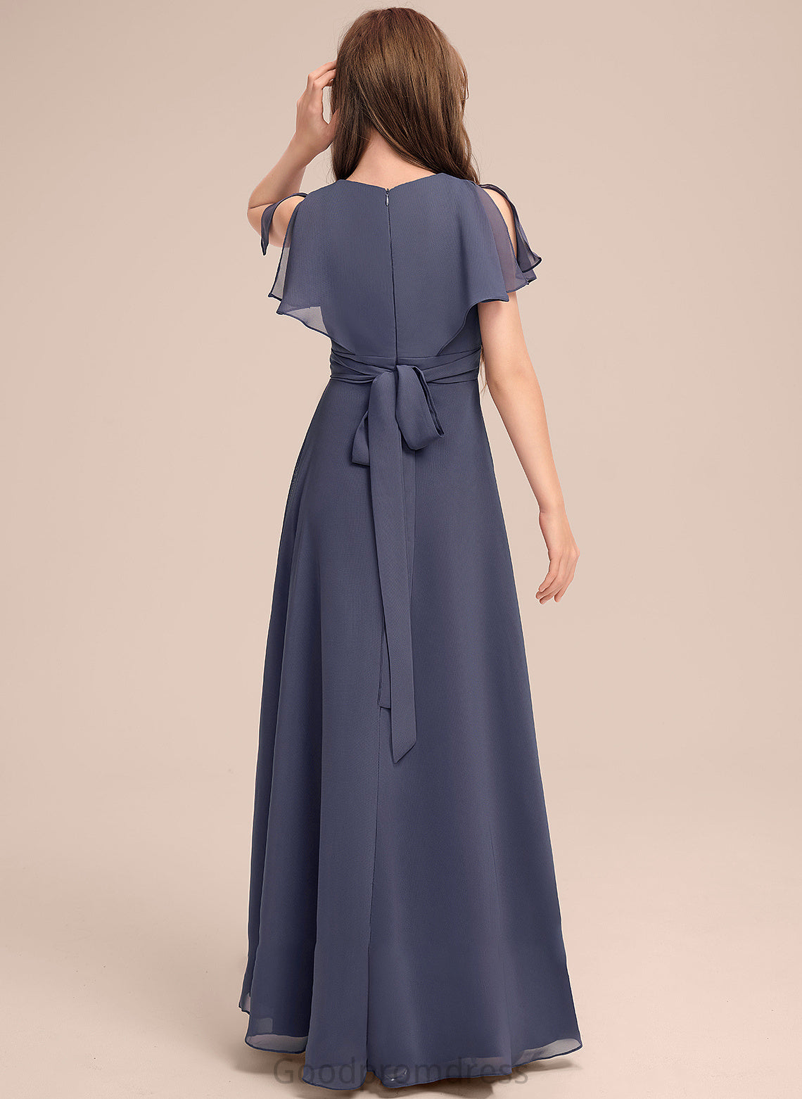 Floor-Length Abigail V-neck Chiffon A-Line Bow(s) Ruffle With Junior Bridesmaid Dresses