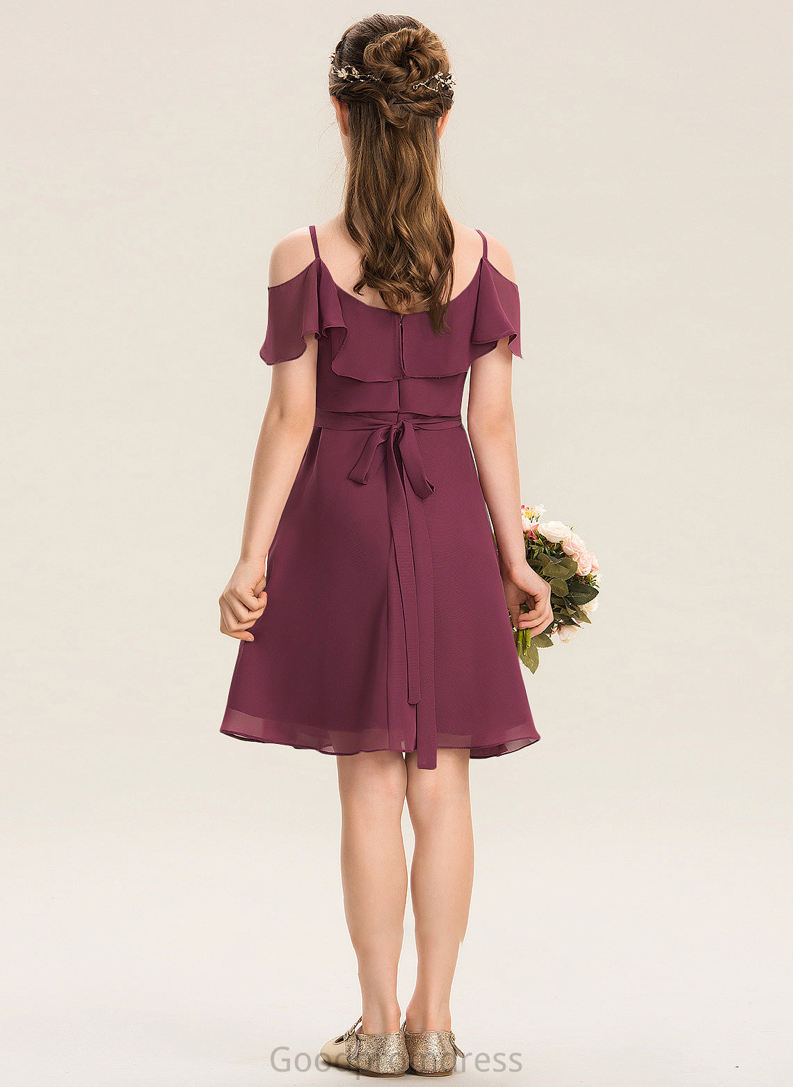 Off-the-Shoulder With Junior Bridesmaid Dresses Knee-Length Cascading Chiffon Bow(s) A-Line Juliet Ruffles