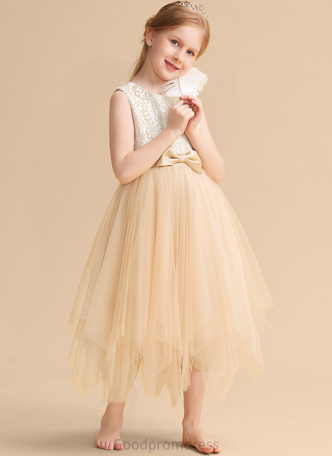 Flower Girl Dresses Neck Sleeveless With Flower Girl Jimena Tea-length Lace/Bow(s) A-Line Scalloped Tulle Dress -