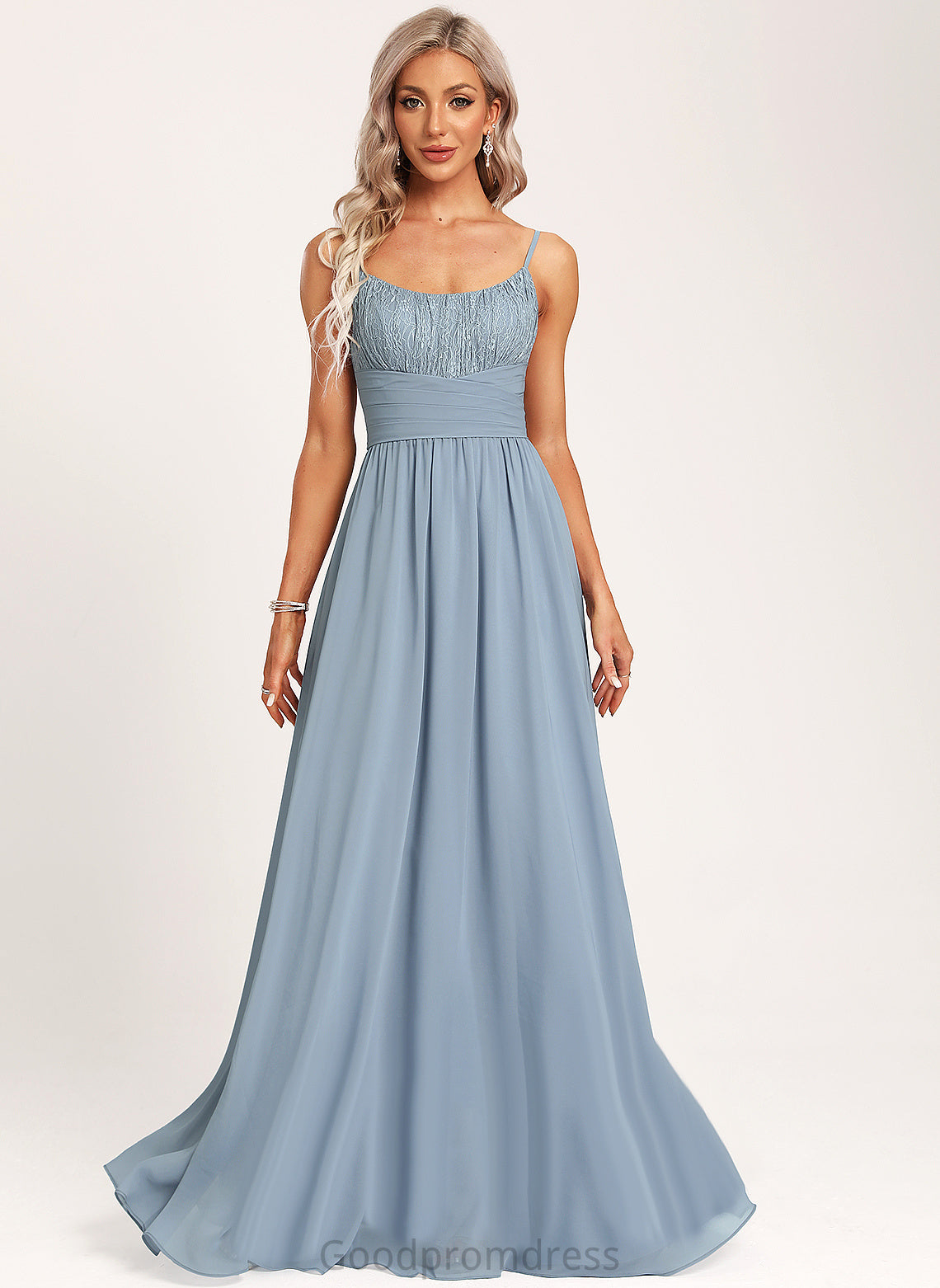 Lace A-Line Fabric Silhouette Floor-Length Neckline Straps&Sleeves Length Scoop Lina Bridesmaid Dresses