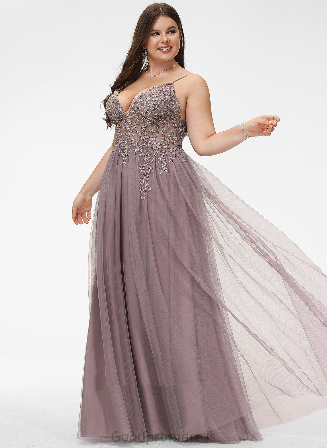 Kay Beading Sequins Lace With V-neck Tulle Floor-Length A-Line Prom Dresses