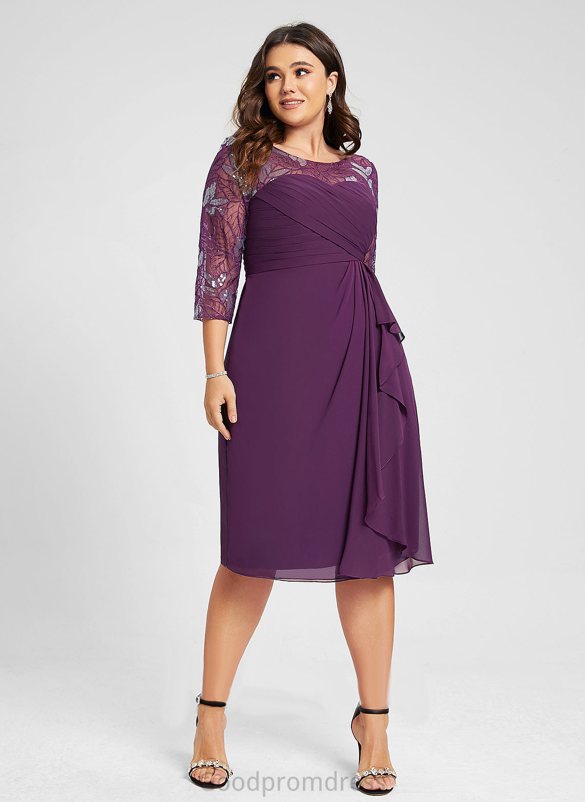 Amanda Cocktail Dresses Sheath/Column Scoop With Cocktail Dress Neck Knee-Length Sequins Lace Ruffles Chiffon Cascading