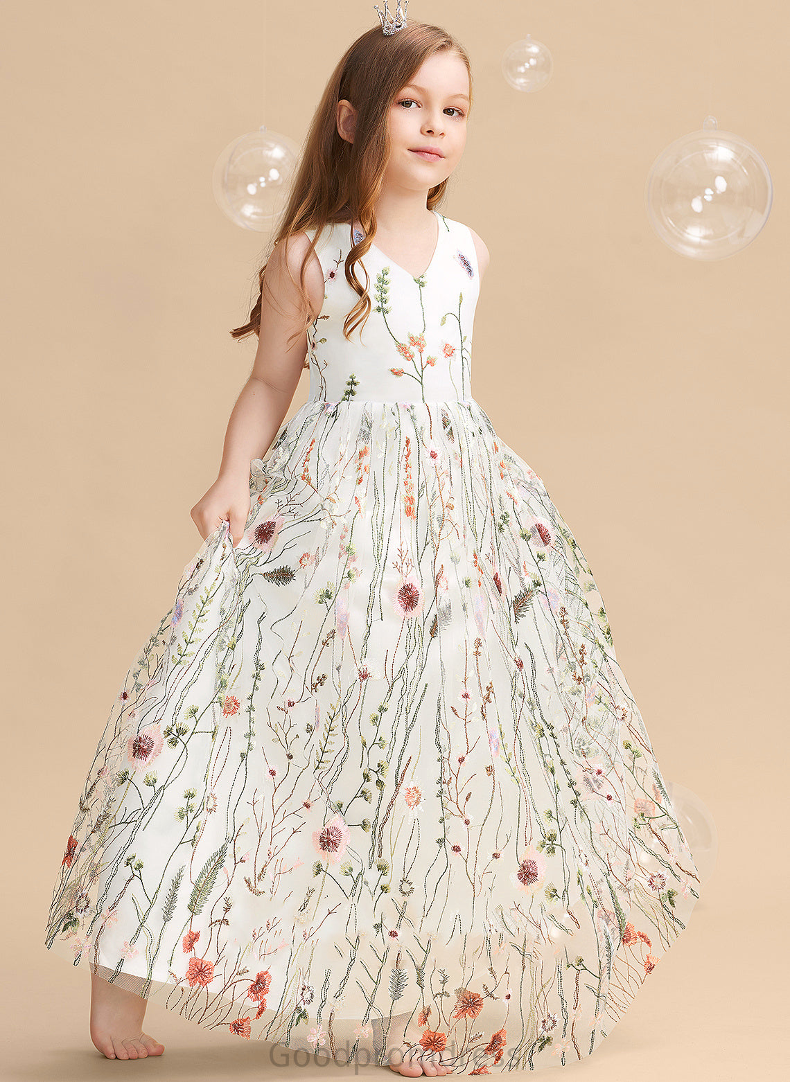 A-Line Dress Flower Girl Dresses With Flower(s)/Bow(s) - Girl Sleeveless Floor-length V-neck Denise Jacquard Flower