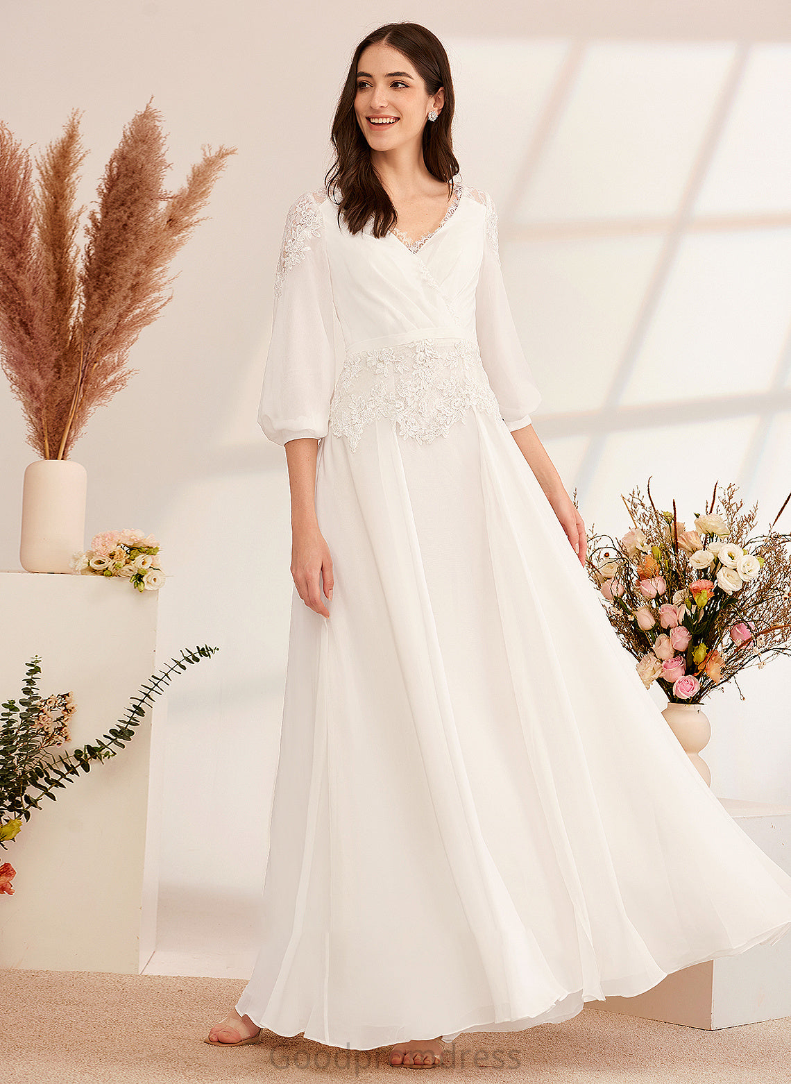 V-neck Wedding Dresses Wedding Lace Floor-Length With Dress A-Line Diamond