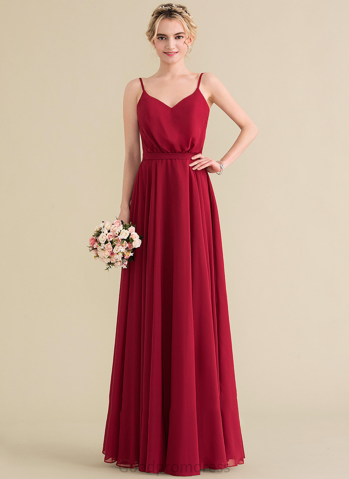 Floor-Length Neckline Fabric V-neck Bow(s) Embellishment A-Line Length Silhouette Gabrielle Sleeveless Natural Waist Bridesmaid Dresses