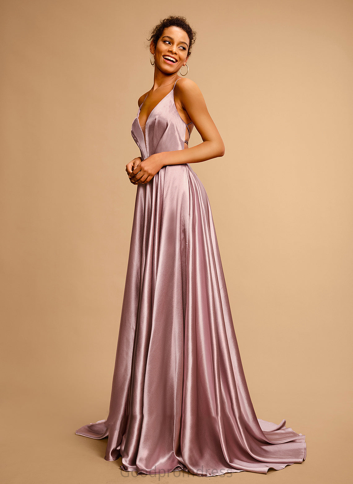 Ball-Gown/Princess Sweep Marian Satin Train V-neck Prom Dresses