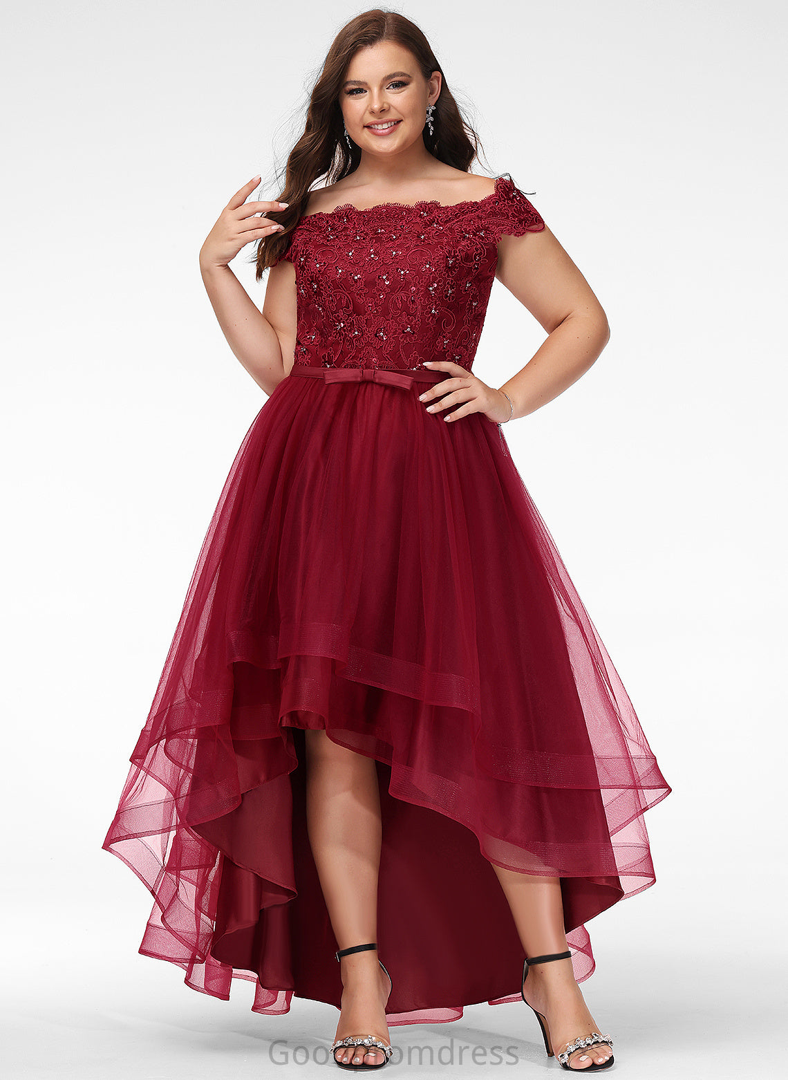 Prom Dresses Sequins Off-the-Shoulder A-Line Asymmetrical Macy Tulle Bow(s) Lace Beading With