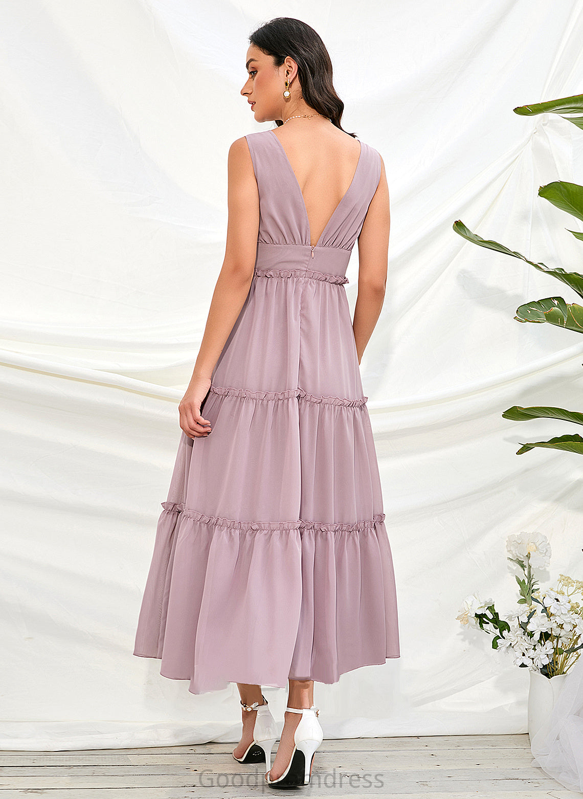 V-neck Length Silhouette Tea-Length Neckline Fabric Polyester Straps A-Line Lindsay Sleeveless A-Line/Princess Bridesmaid Dresses