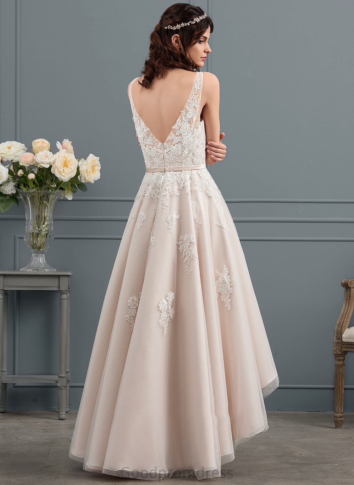 Bow(s) Tulle Wedding Ally Dress Wedding Dresses Lace With A-Line Asymmetrical V-neck