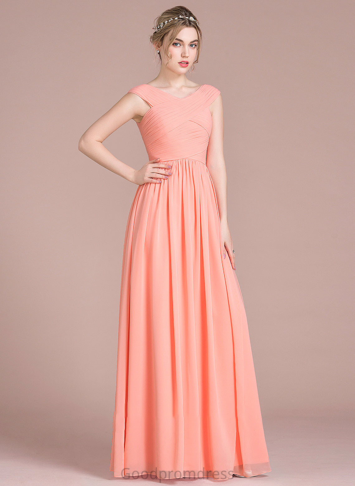 Neckline Straps Fabric V-neck Embellishment Ruffle Length Floor-Length Coral Sleeveless Natural Waist A-Line/Princess Bridesmaid Dresses