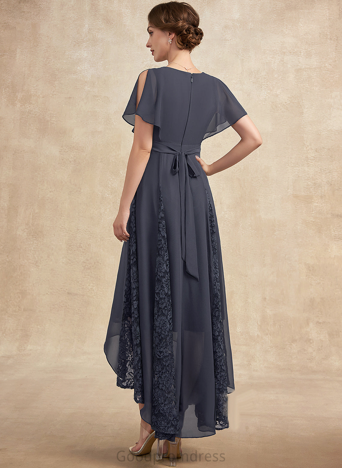 the Celia Mother of the Bride Dresses Bride V-neck Ruffle of Lace Asymmetrical A-Line With Dress Chiffon Mother