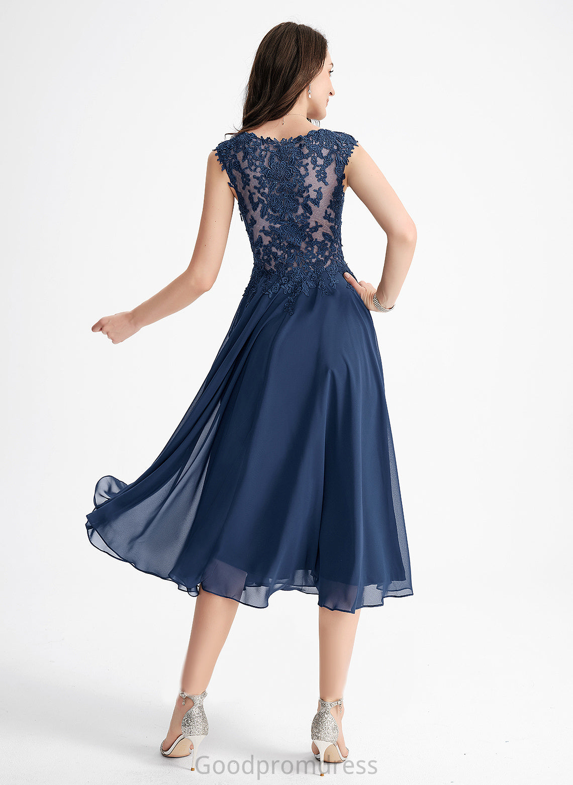 A-Line Cocktail Cocktail Dresses Lace Itzel Chiffon V-neck Tea-Length Dress