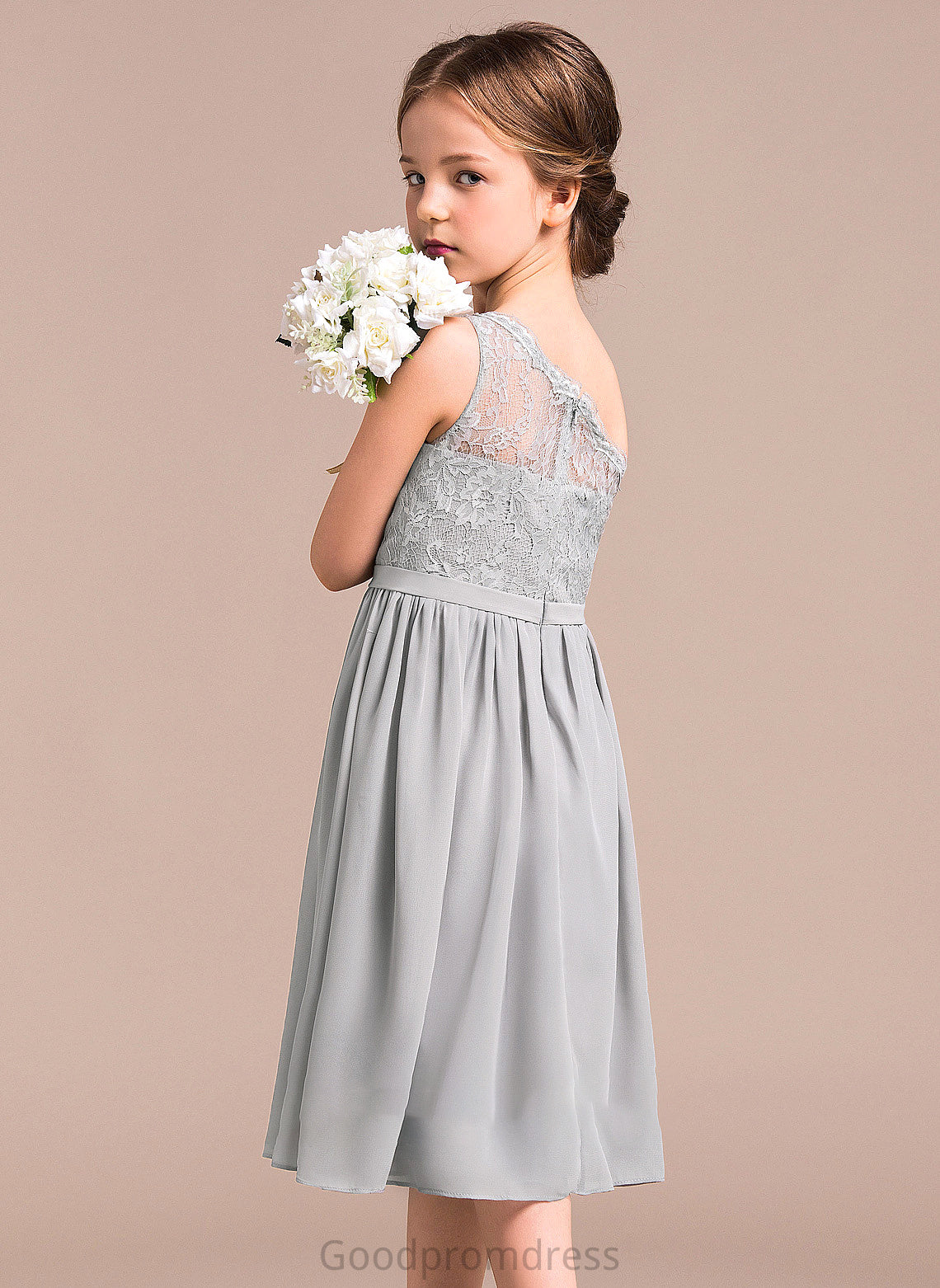 A-Line Chiffon Knee-Length Lace Junior Bridesmaid Dresses Saniyah One-Shoulder