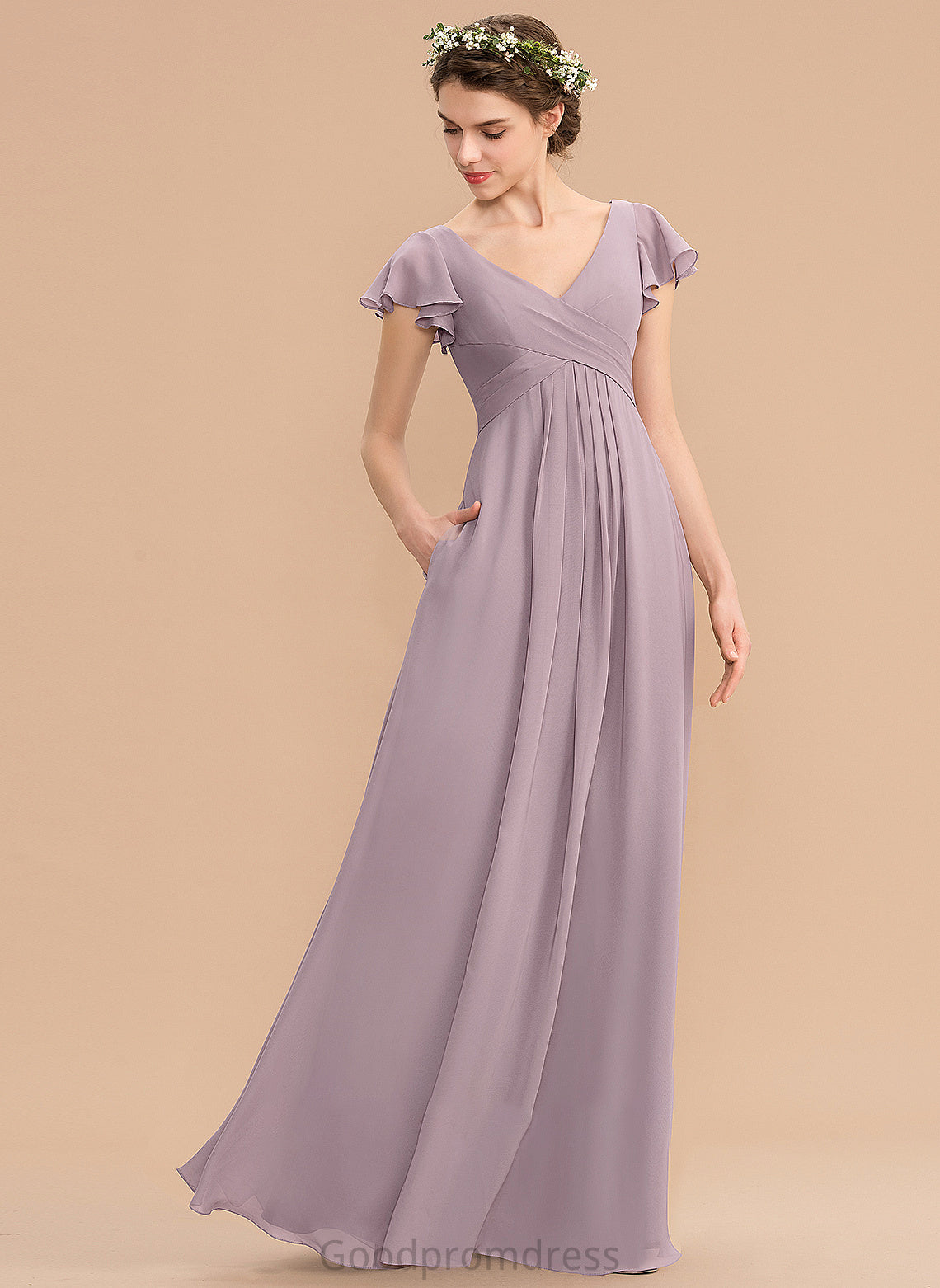 Pockets CascadingRuffles Embellishment Length Silhouette Fabric V-neck Neckline A-Line Floor-Length Camilla Sleeveless Bridesmaid Dresses