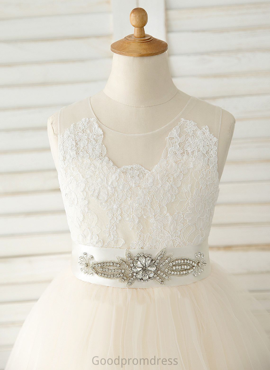 Girl Dress With - Neck Knee-length Scoop Flower Girl Dresses A-Line Sleeveless Bailey Bow(s) Flower Tulle/Lace