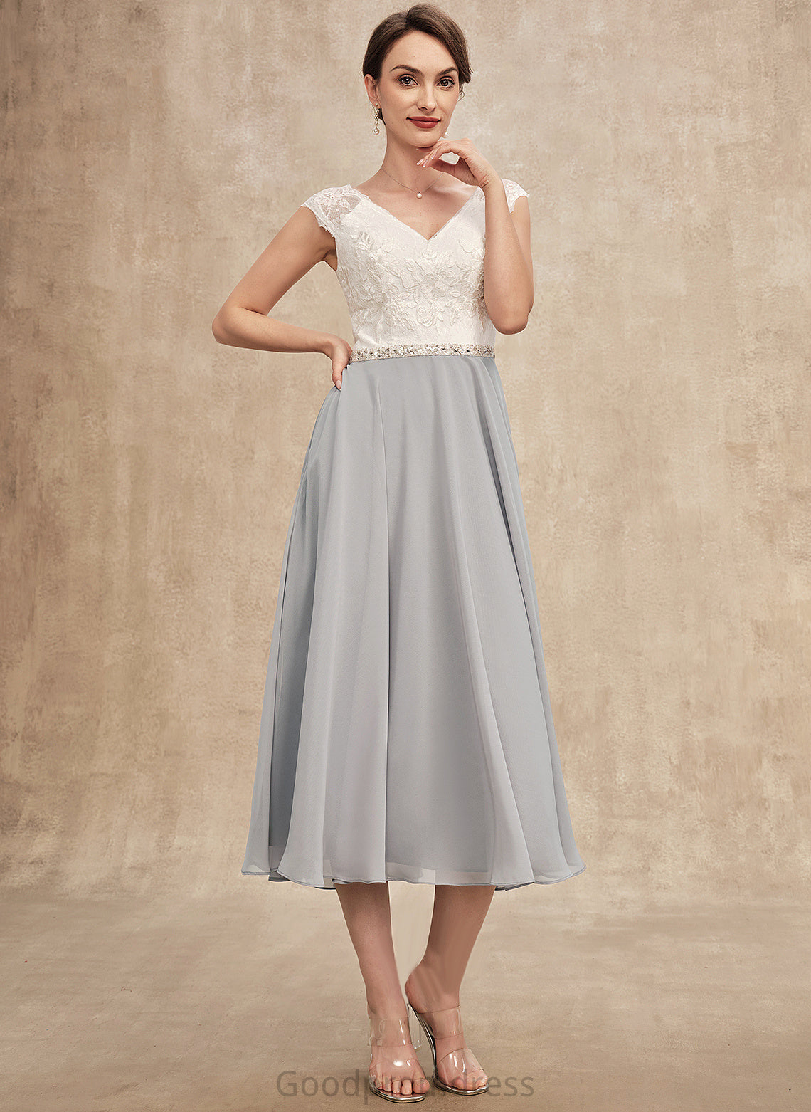 the With Lace Peggie Tea-Length A-Line Mother Chiffon of Beading V-neck Mother of the Bride Dresses Dress Bride