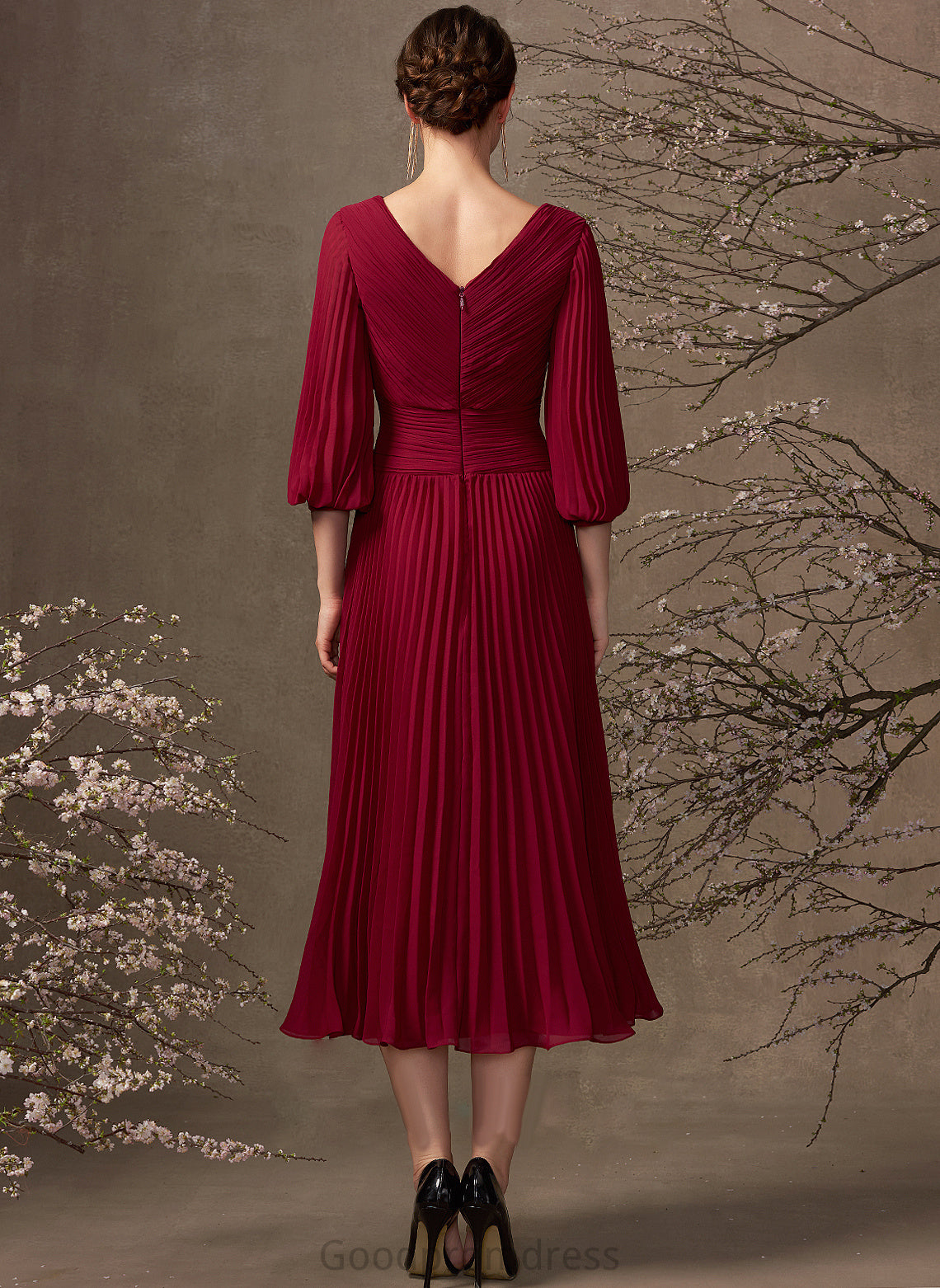 Chiffon V-neck Bride Dress Mother the A-Line of Mother of the Bride Dresses With Tea-Length Harper Pleated