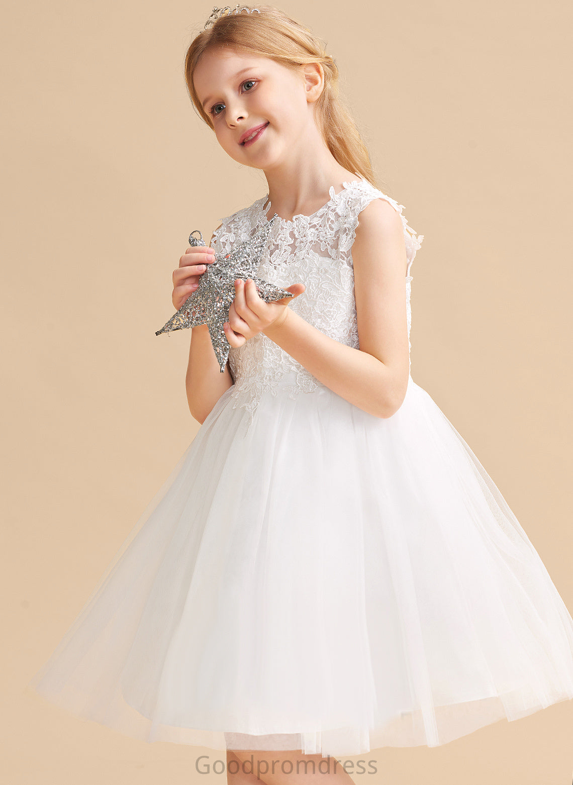 A-Line/Princess Sleeveless Back Knee-length With - Flower Neck Satin/Tulle/Lace Dress Brooklyn Scoop Flower Girl Dresses Girl Hole