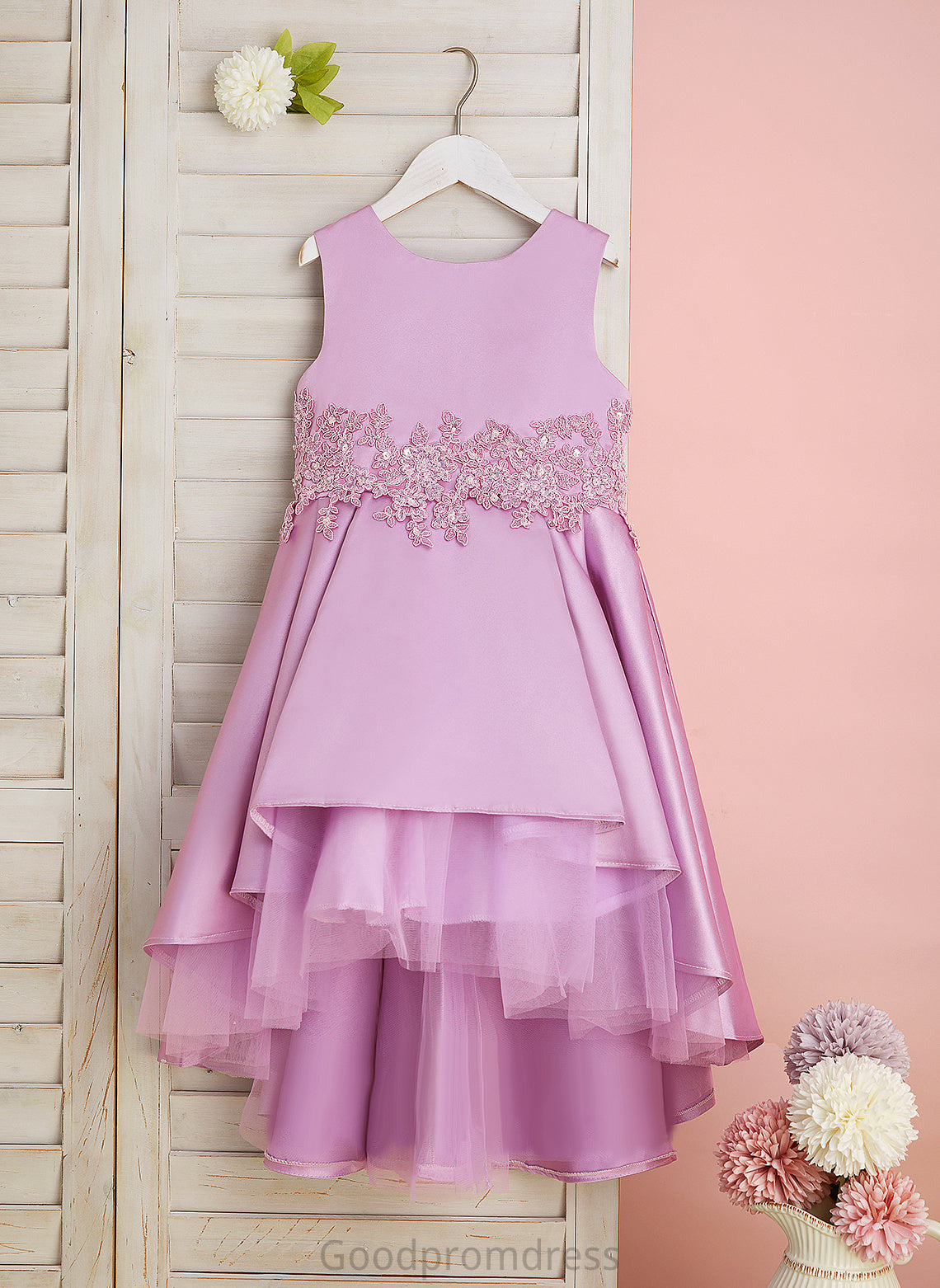 Lace/Beading/Bow(s) Peggie - Satin/Tulle Neck A-Line Scoop Dress With Sleeveless Flower Girl Flower Girl Dresses Asymmetrical