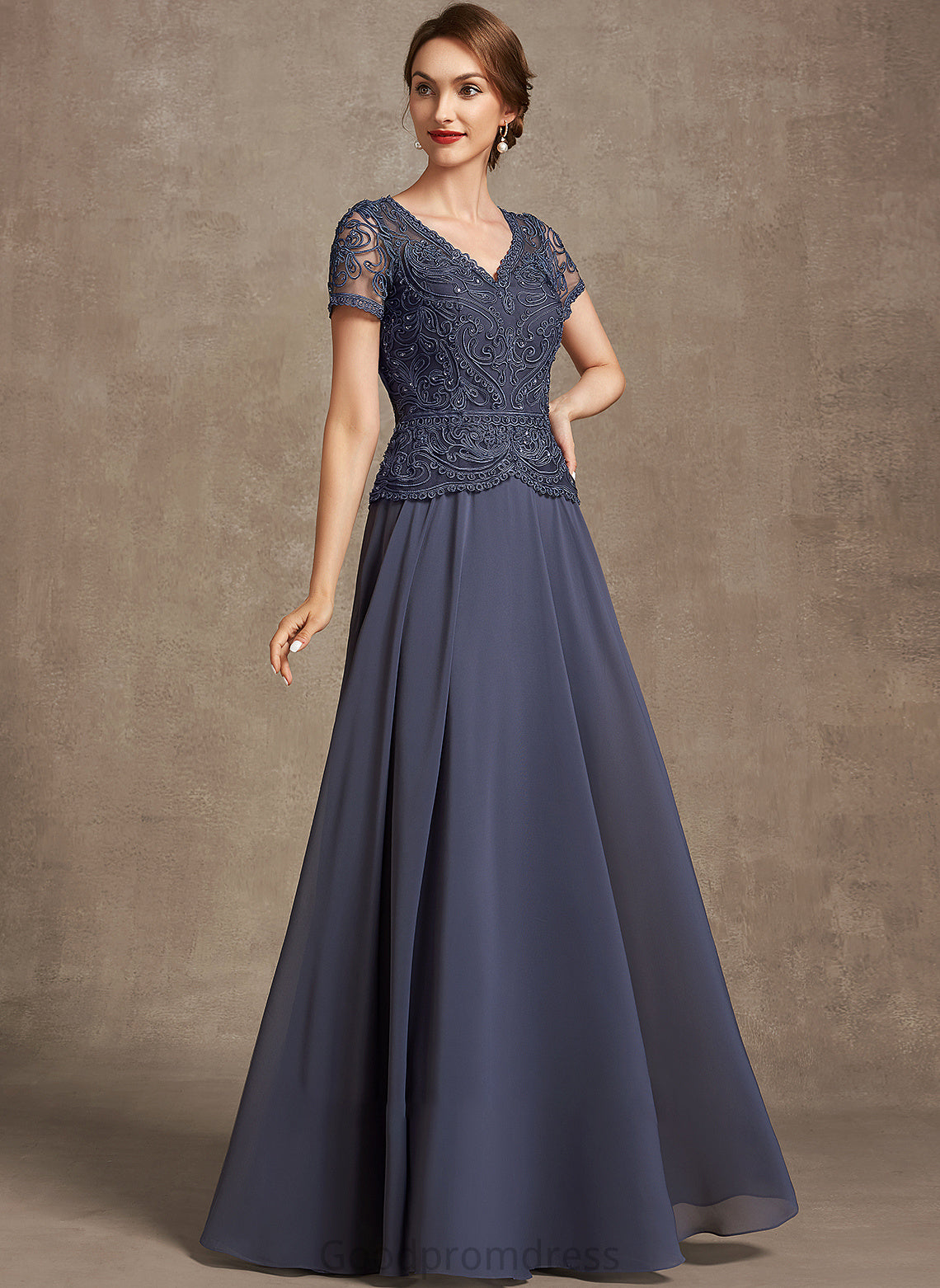 Mother With A-Line Mother of the Bride Dresses of Bride Floor-Length Dress Sequins the V-neck Chiffon Lauretta Lace