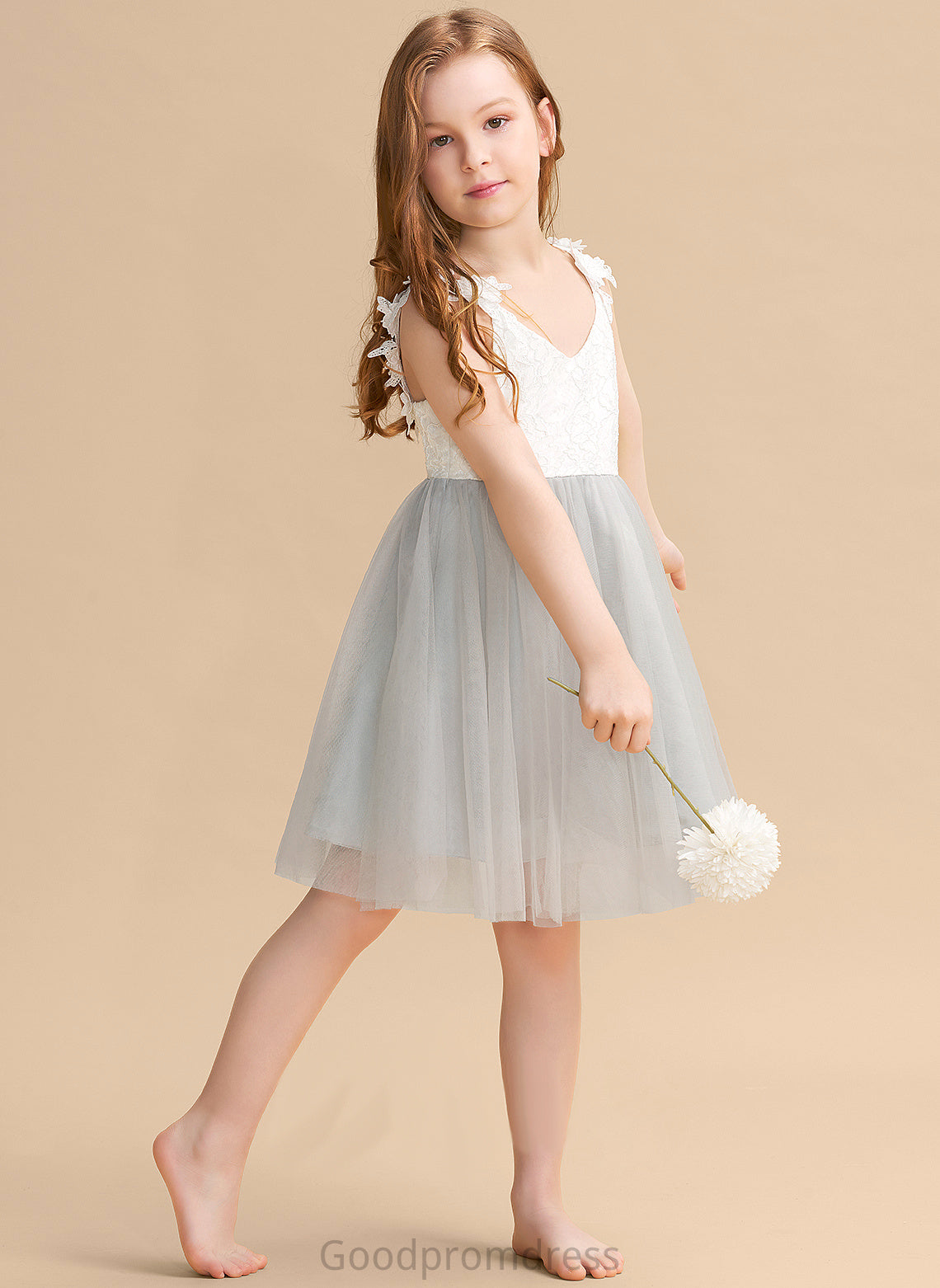 Sleeveless Flower Girl Dresses Tulle/Lace - Gianna Flower Girl V-neck Knee-length Dress A-Line