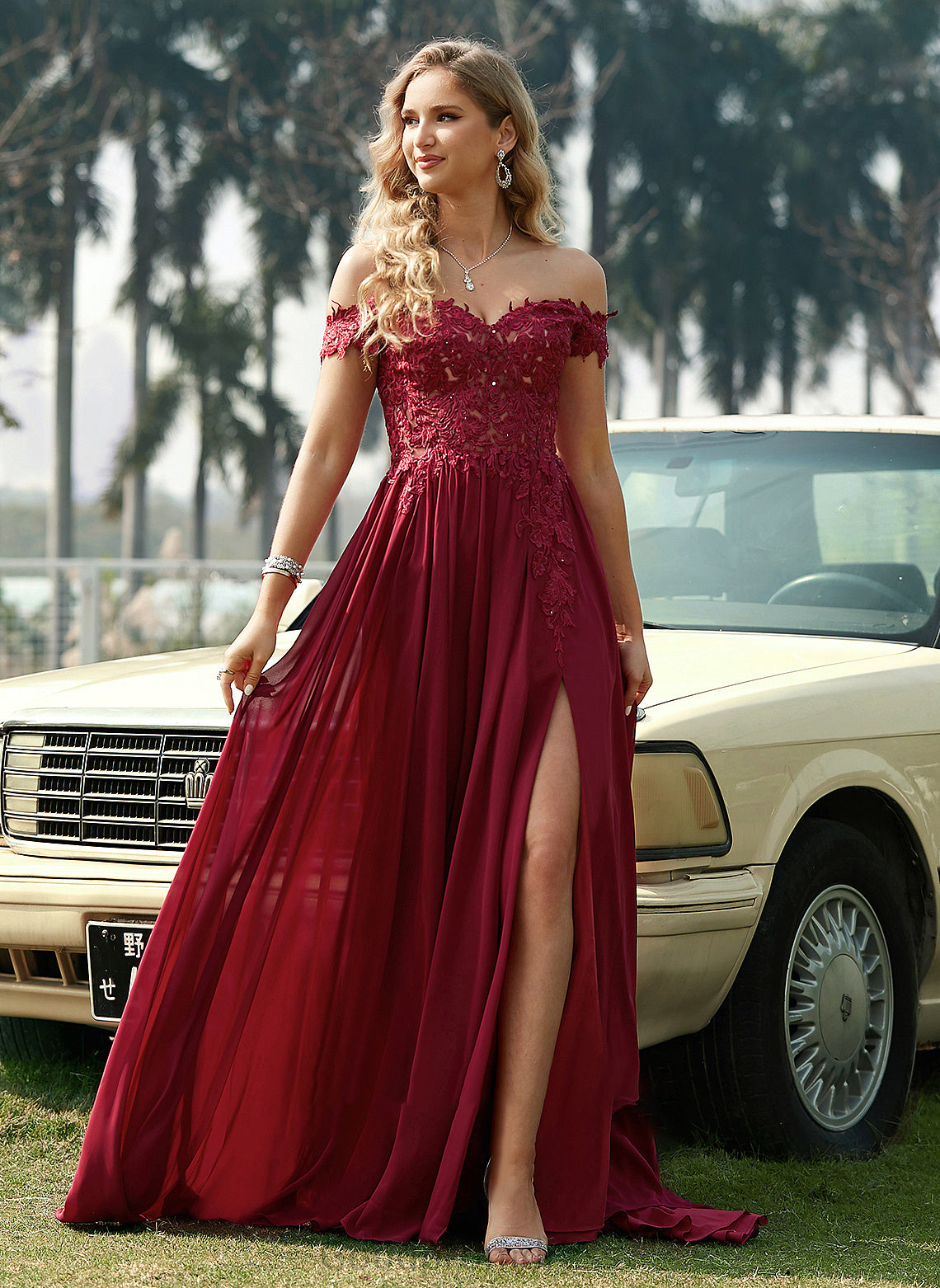 Nicky Sequins A-Line Prom Dresses Train Off-the-Shoulder With Chiffon Lace Sweep