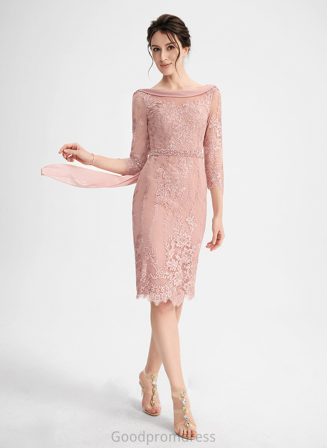 Cocktail Dresses Neck Scoop With Sheath/Column Knee-Length Beading Cocktail Sequins Dress Elianna Lace