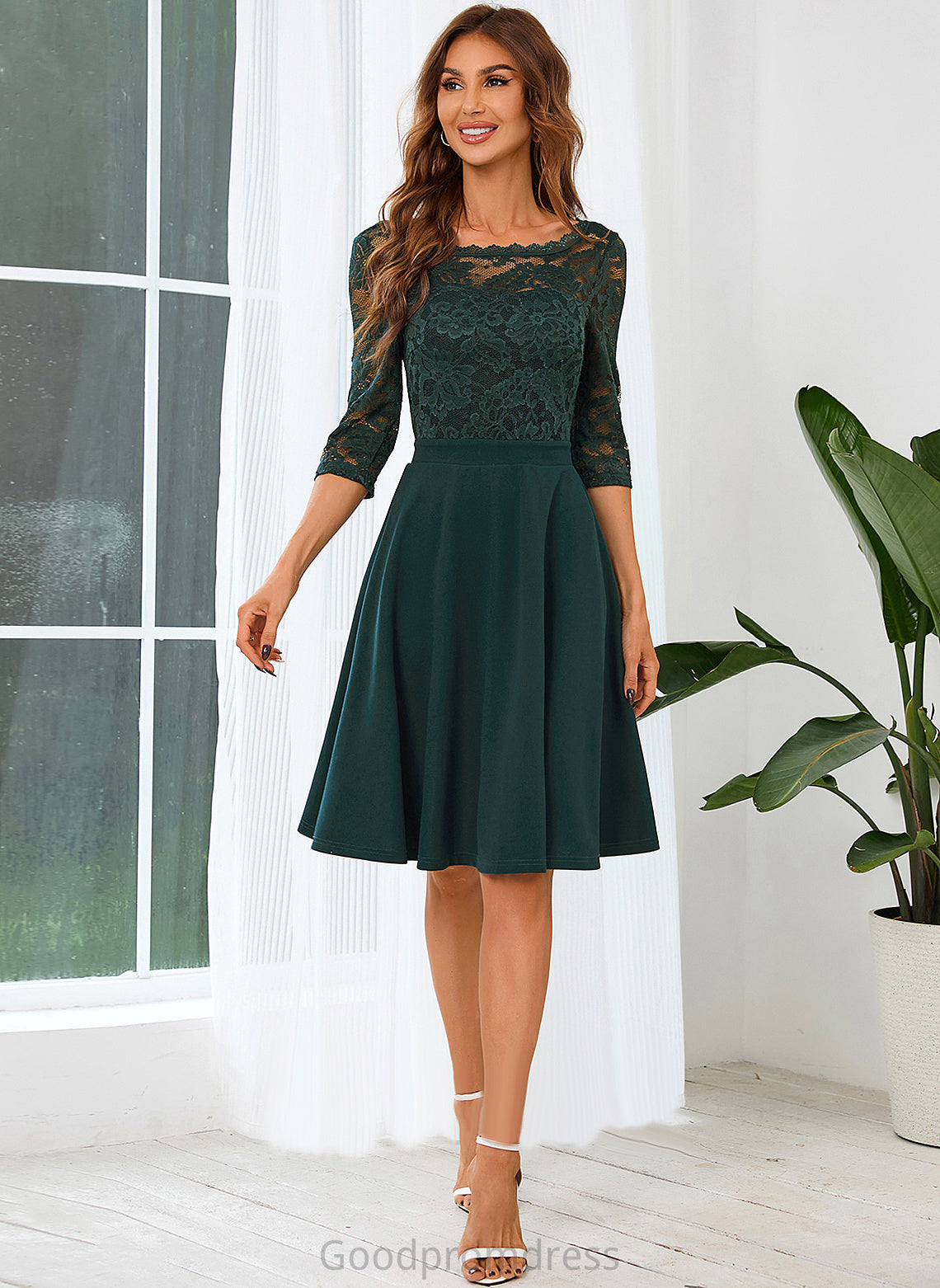 Lace Melany Round A-line Dresses Mini Cotton Blends Club Dresses Neck Elegant Sleeves 3/4