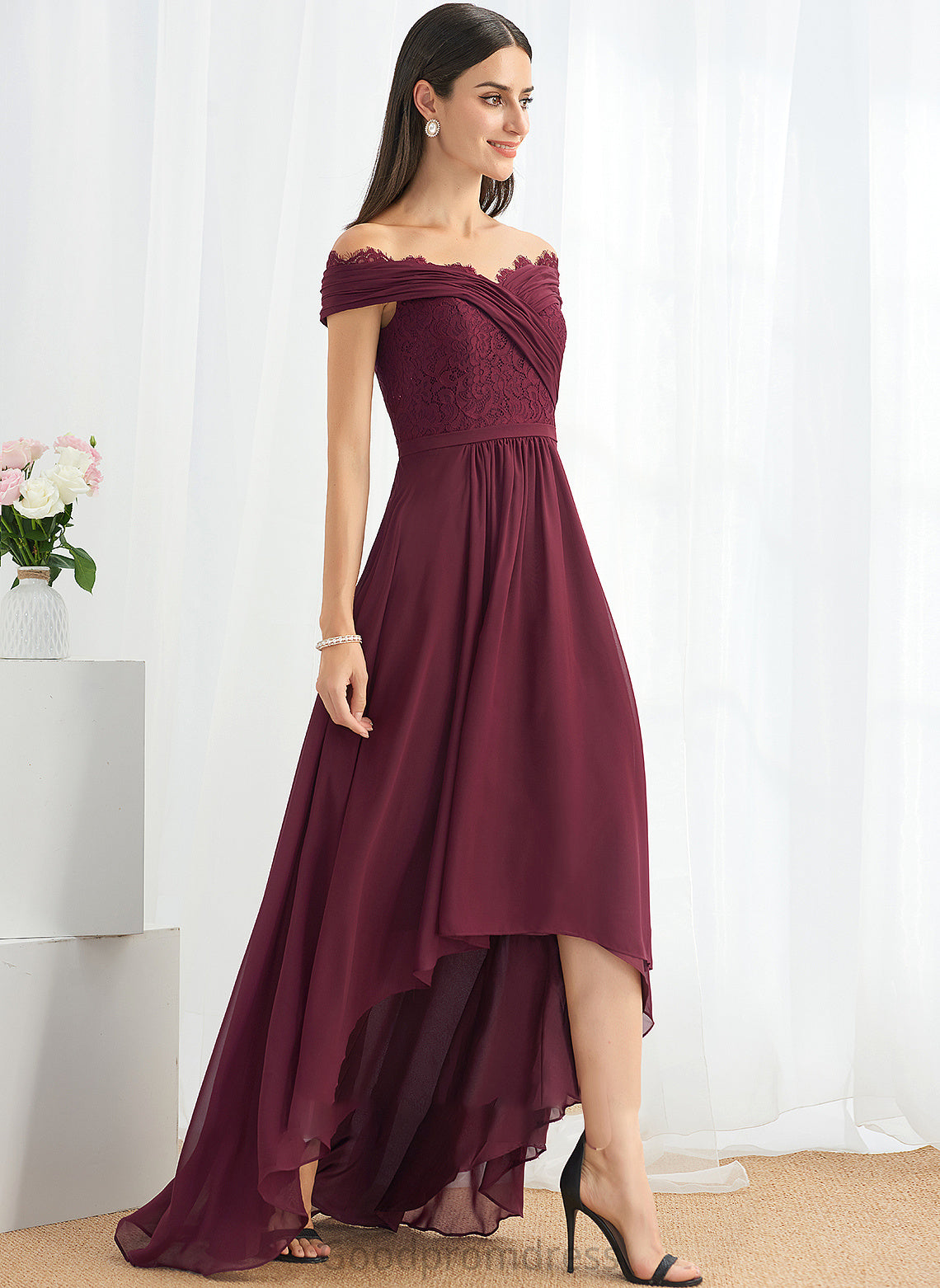 Asymmetrical Fabric Silhouette Off-the-Shoulder Length Neckline Embellishment A-Line Lace Mylee Sleeveless A-Line/Princess Bridesmaid Dresses