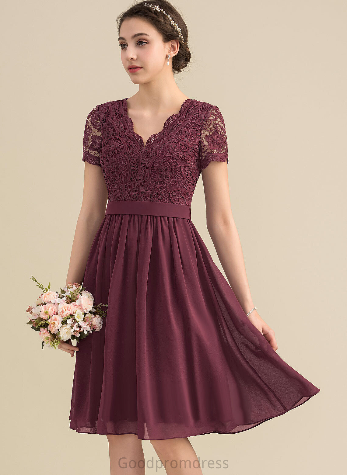 Neckline A-Line Silhouette Embellishment Lace V-neck Length Knee-Length Fabric Carley Spaghetti Staps Natural Waist Bridesmaid Dresses