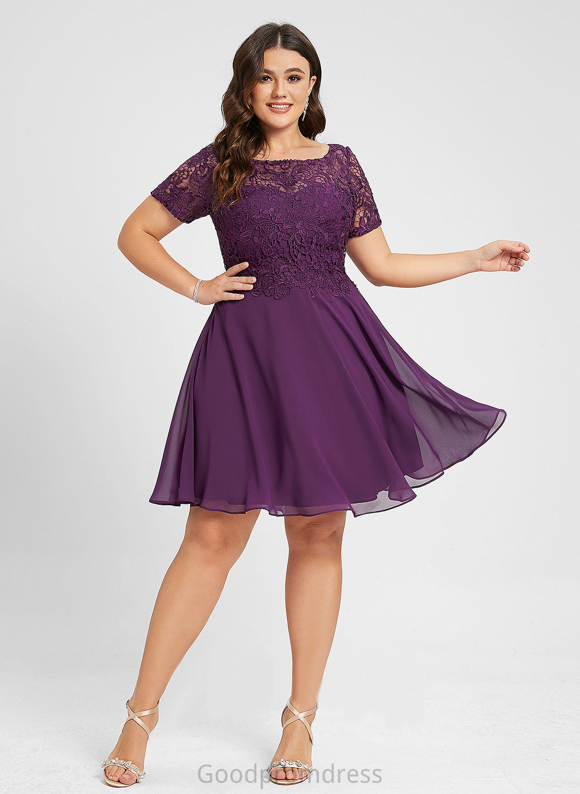 Rebecca Cocktail Chiffon Neck Cocktail Dresses Dress A-Line Lace Scoop Knee-Length