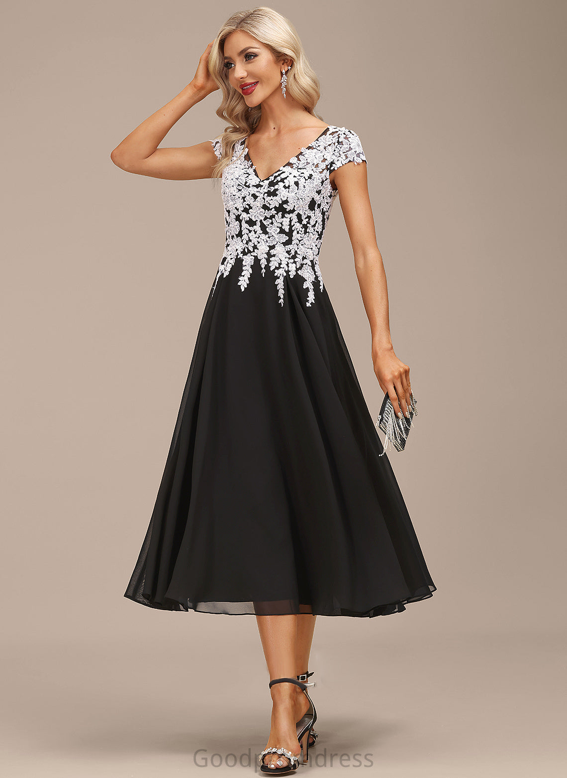 Serena A-Line Lace Dress Chiffon V-neck Cocktail Dresses Tea-Length Cocktail