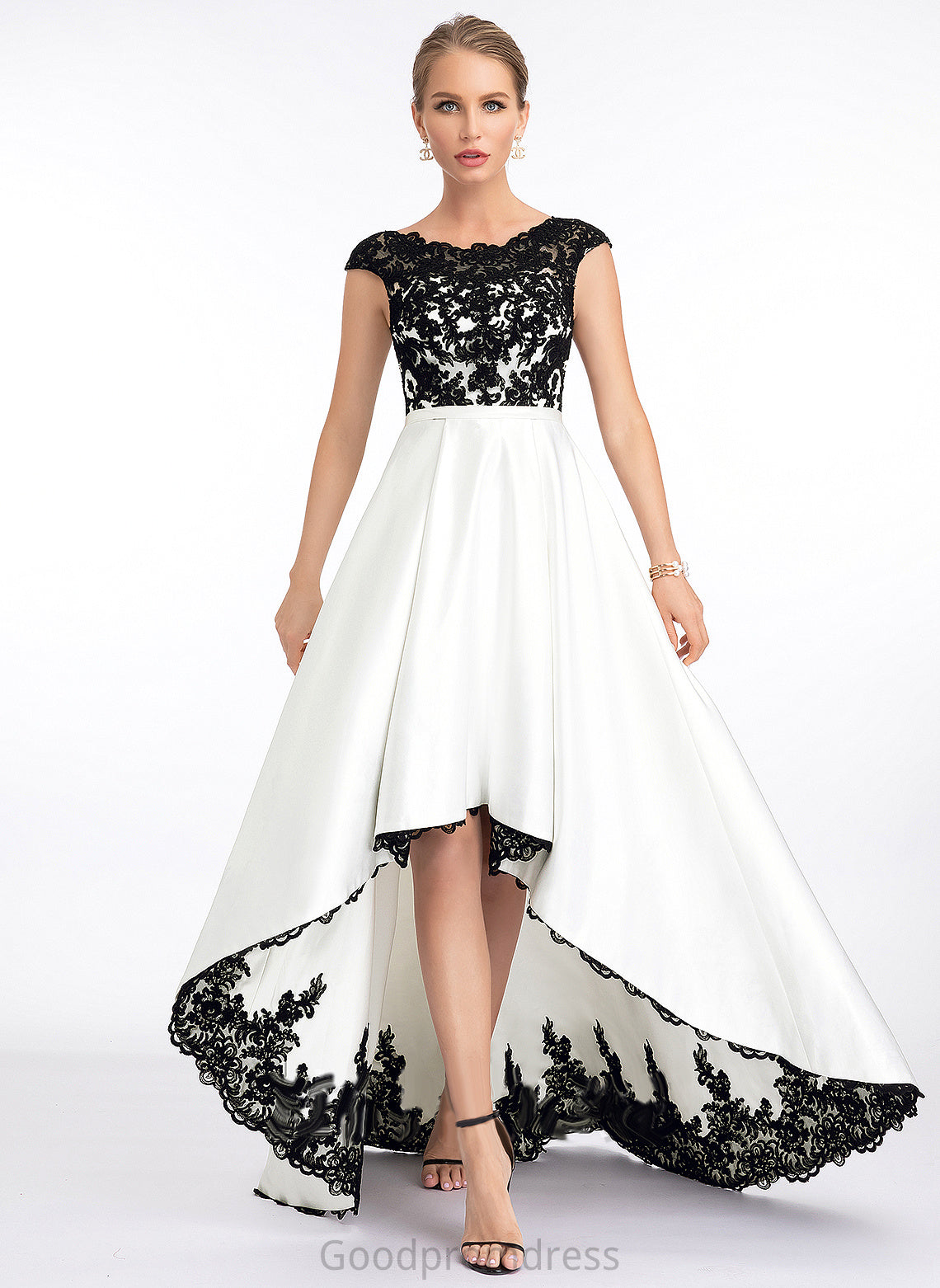 Ball-Gown/Princess Satin Asymmetrical Scoop Lace Aubrey Prom Dresses