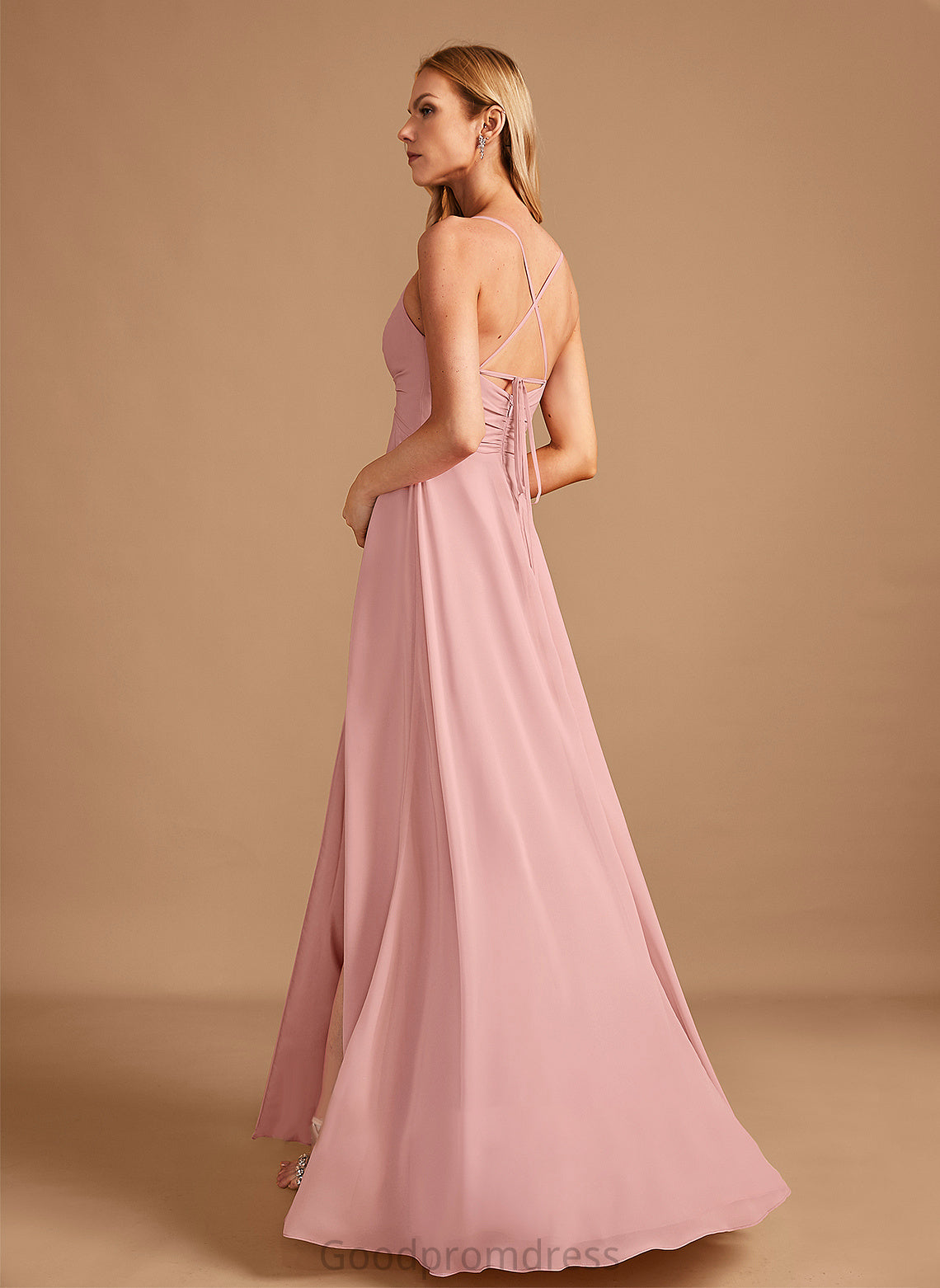 V-neck Neckline Length Embellishment A-Line Floor-Length SplitFront Fabric Silhouette Theresa Spaghetti Staps A-Line/Princess Bridesmaid Dresses