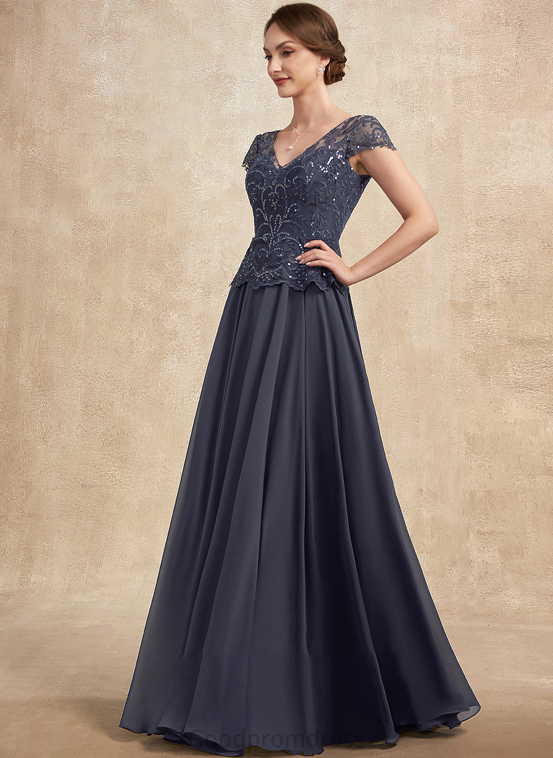 Floor-Length Vera Mother of the Bride Dresses Bride Lace V-neck Dress With Chiffon Mother A-Line Sequins of the