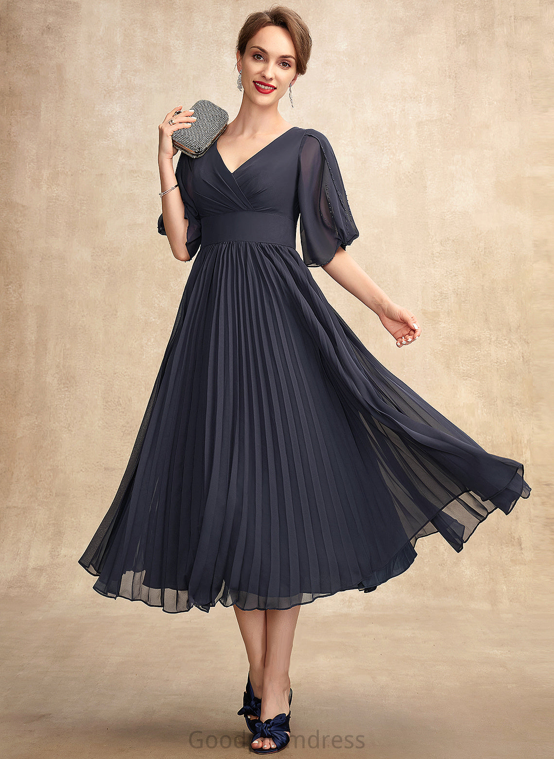 A-Line Chiffon Mother of the Bride Dresses Bride With the Tea-Length Mother Pleated V-neck of Dress Michaela