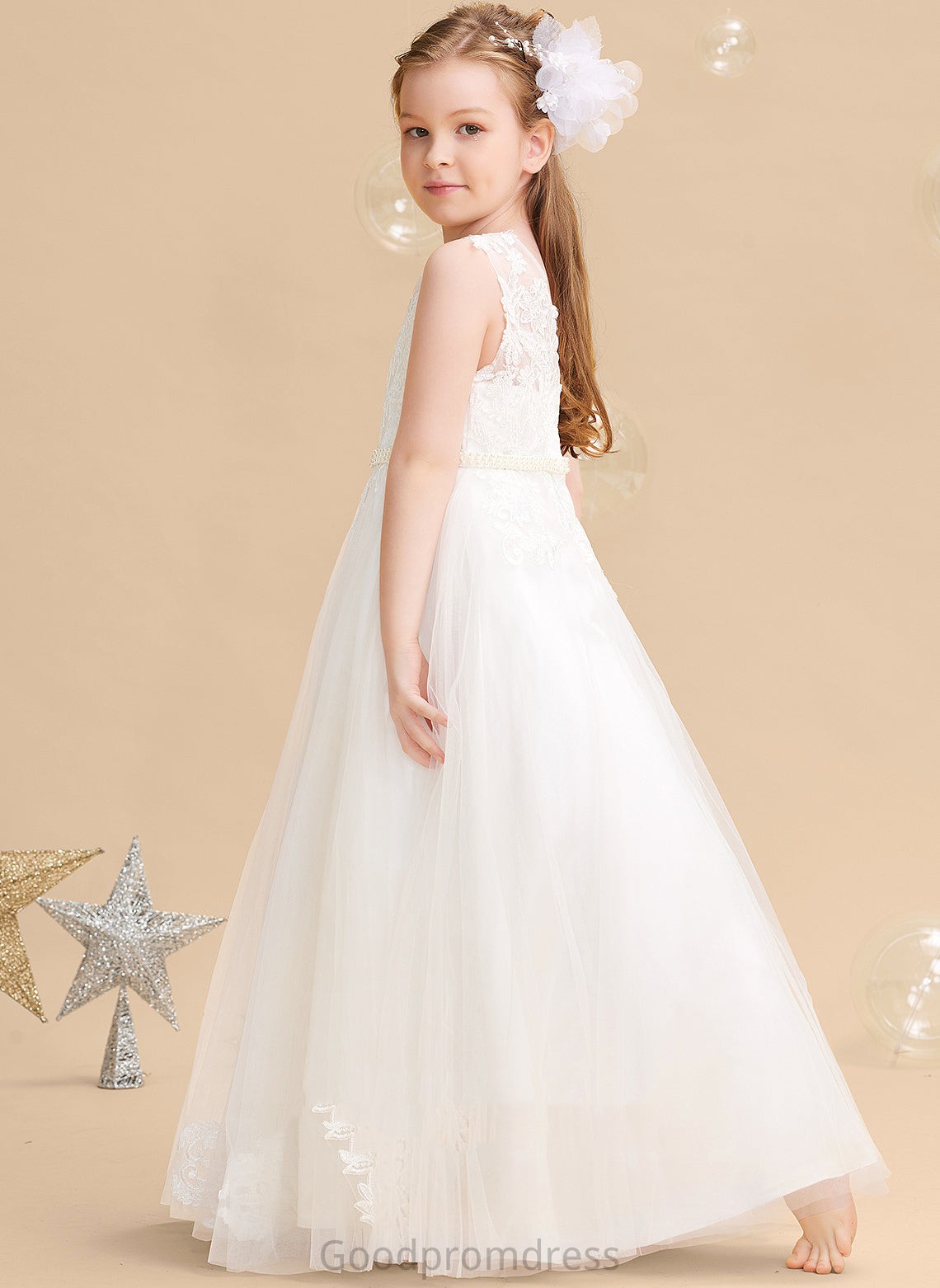 Ball-Gown/Princess Girl Scoop Angelina Neck Beading Dress - Floor-length Flower Girl Dresses Flower Sleeveless With Tulle/Lace