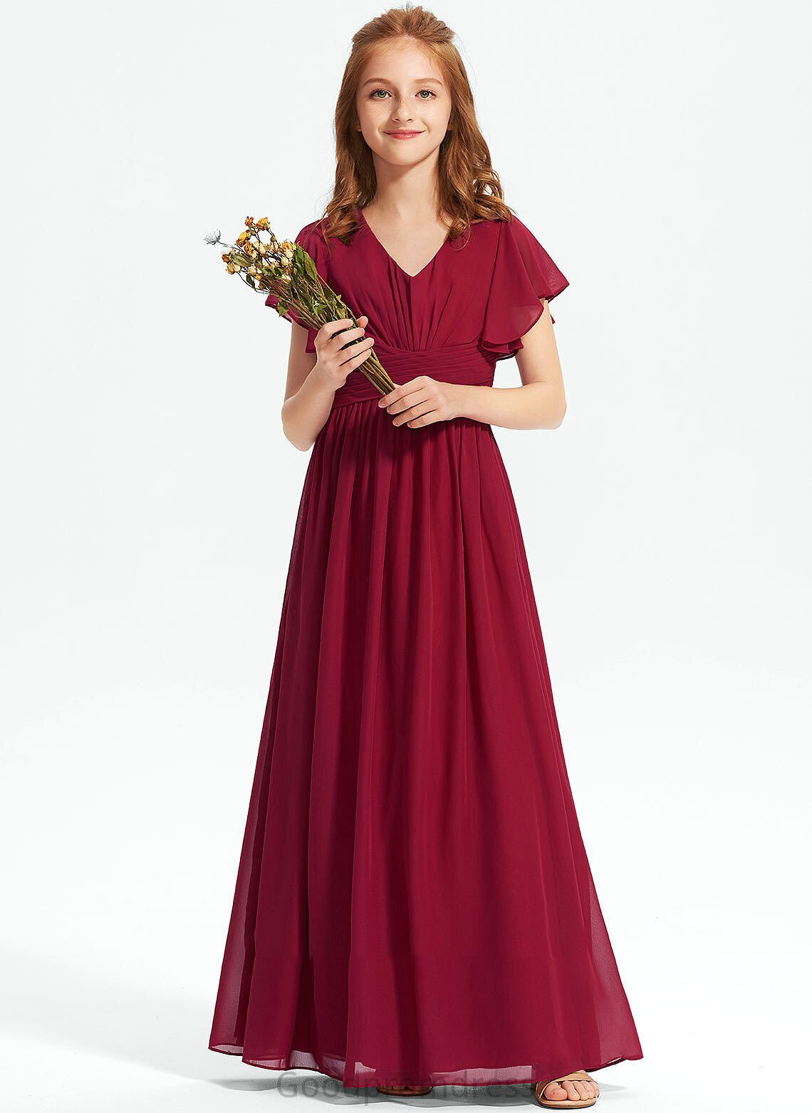 Floor-Length Chiffon Junior Bridesmaid Dresses A-Line With V-neck Ruffle Cheryl